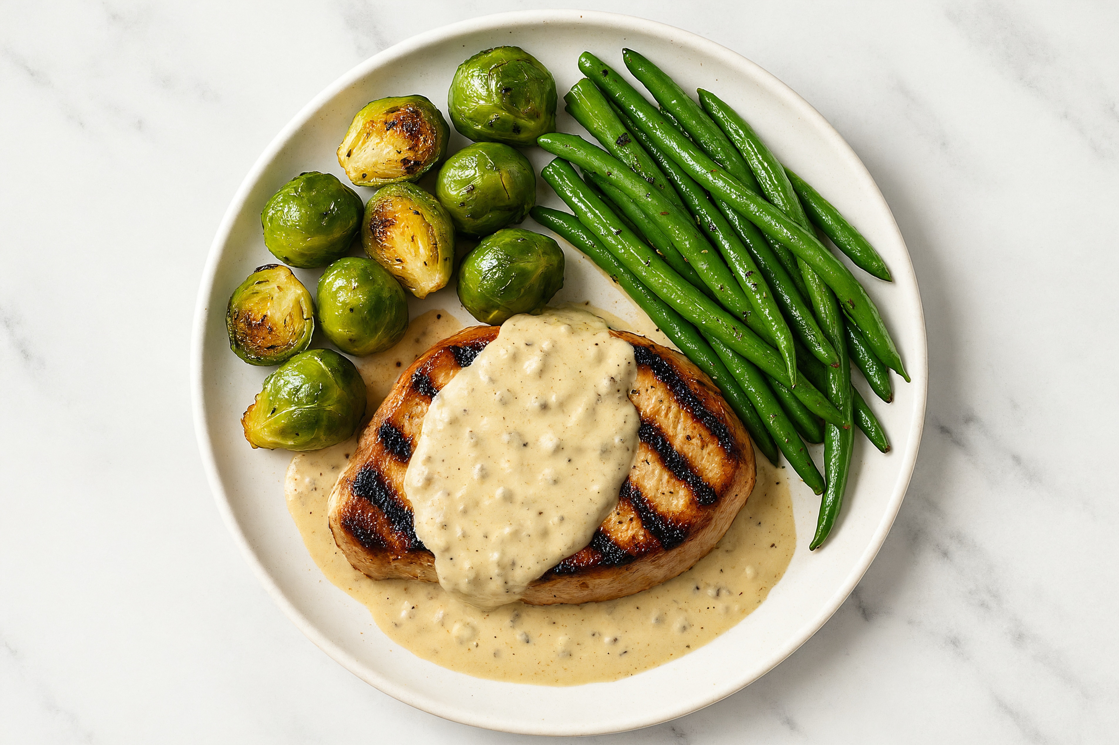 Creamy Truffle Smothered Pork Chops with Green Beans & Roasted Brussels