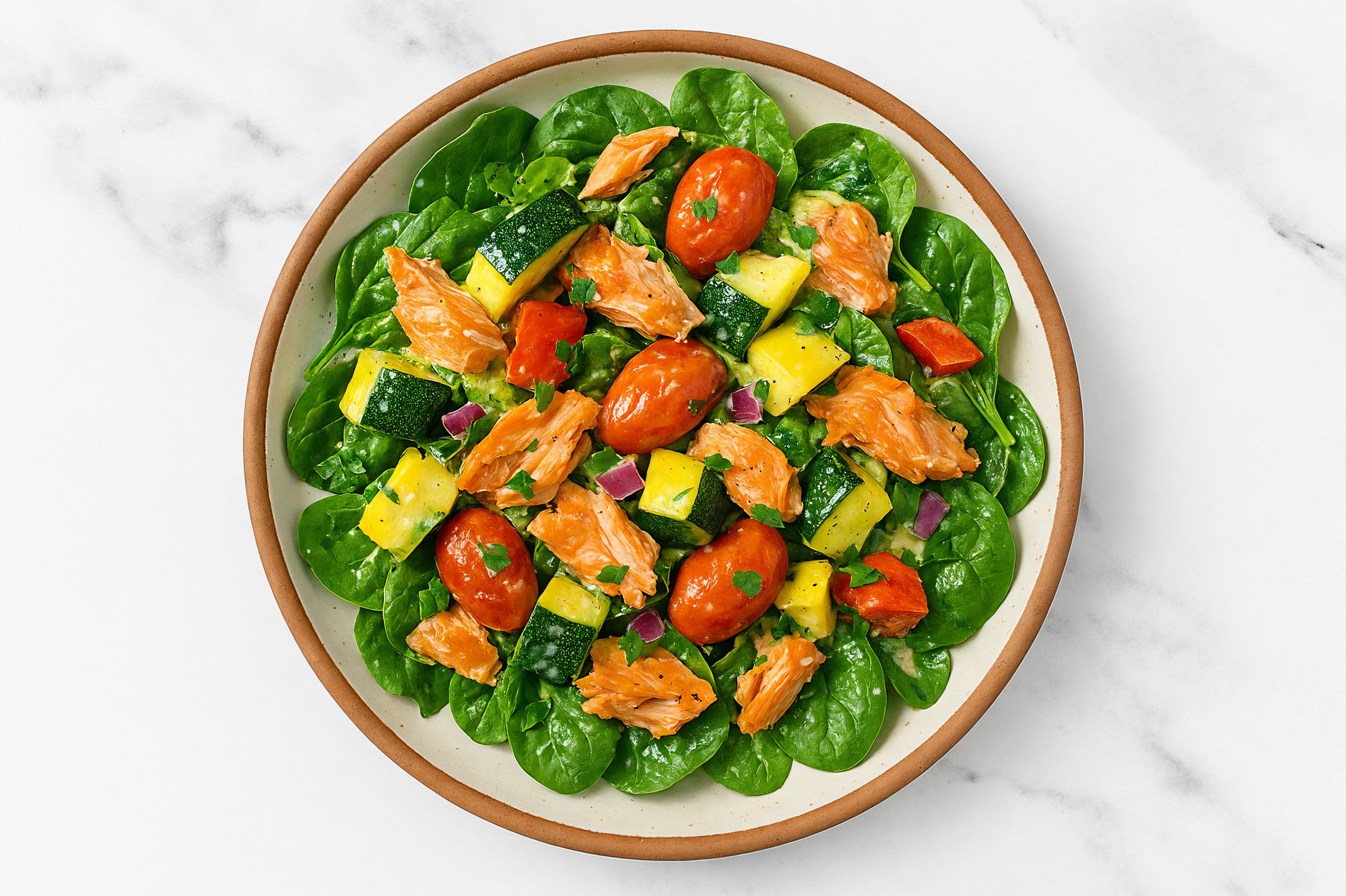 Herby Summer Veggie + Salmon House Salad with Baby Spinach