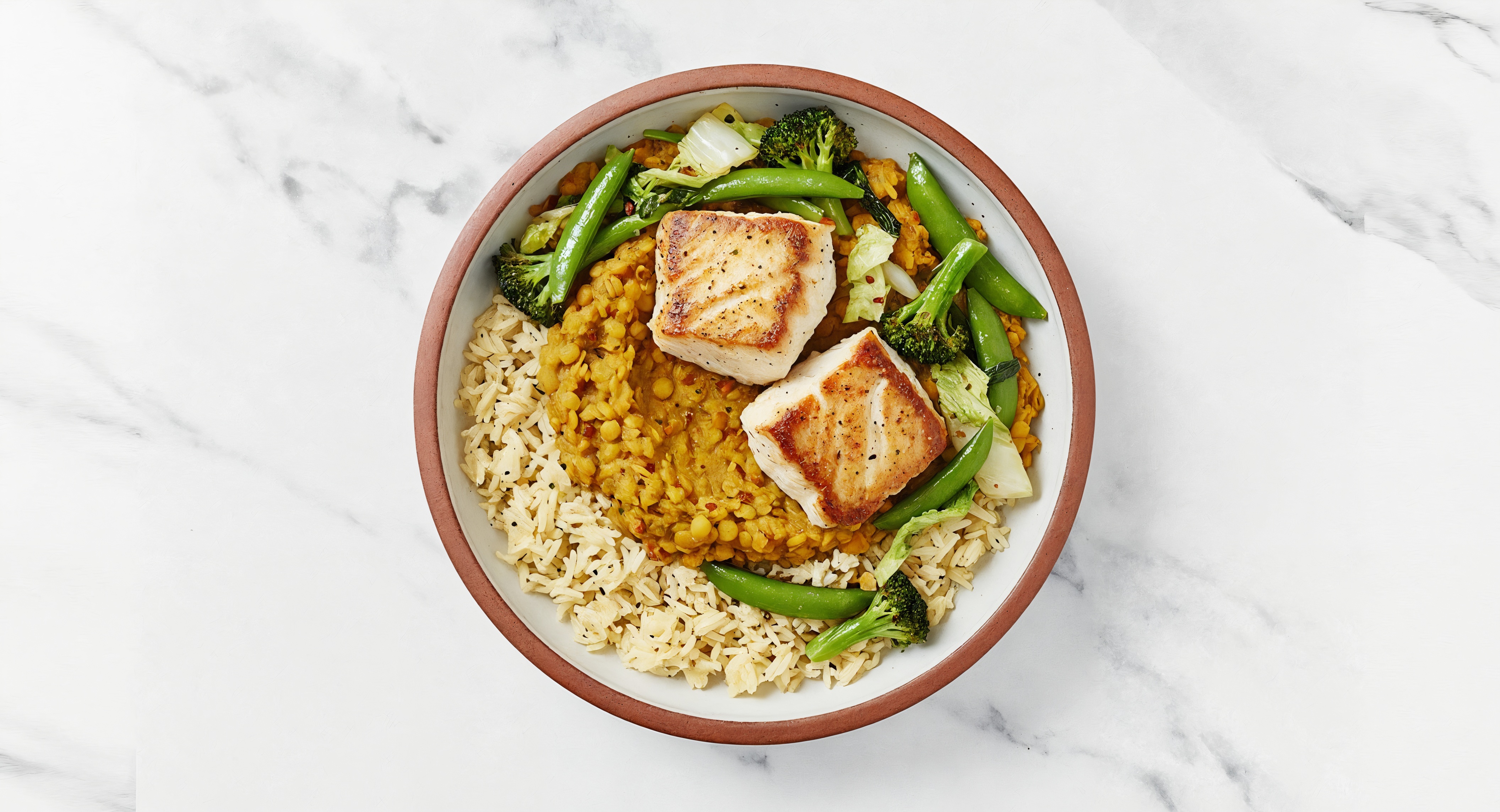Seared Halibut + Bok Choy Red Lentil Bowl with Seasoned Jasmine Rice