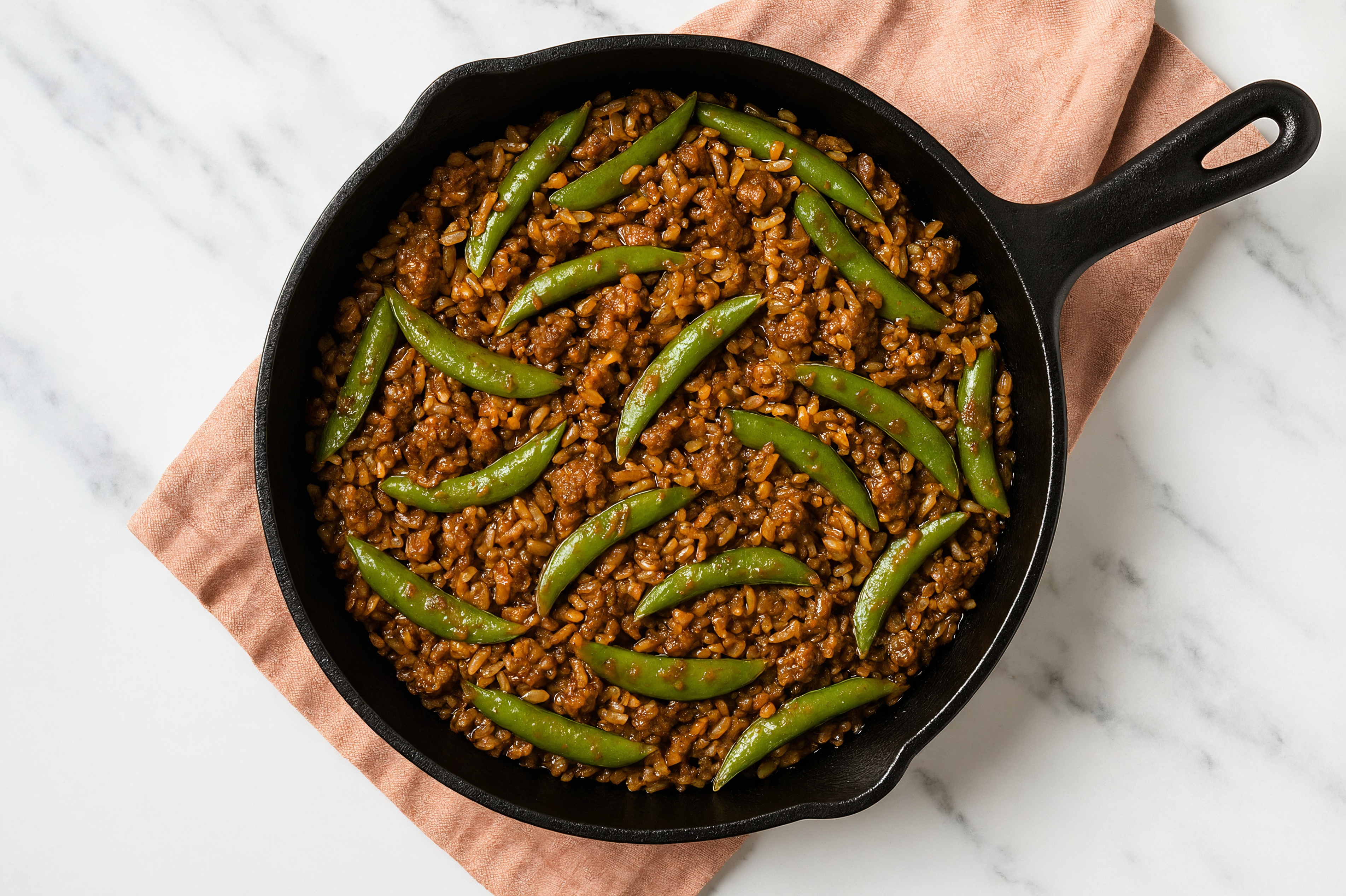 Sesame Ginger Pea Snap + Ground Bison Stir-Fry with Brown Rice