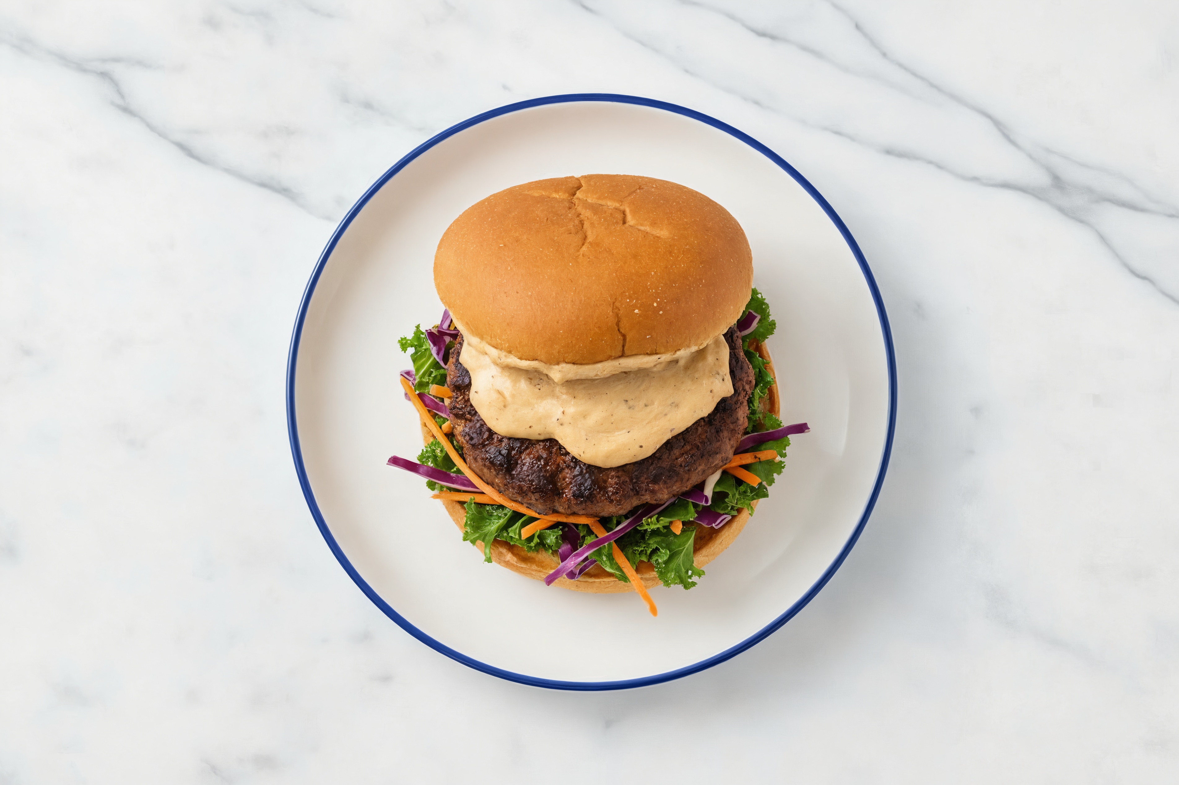 Rainbow Veggie Beyond Burger on GF Bun with French Onion Sauce