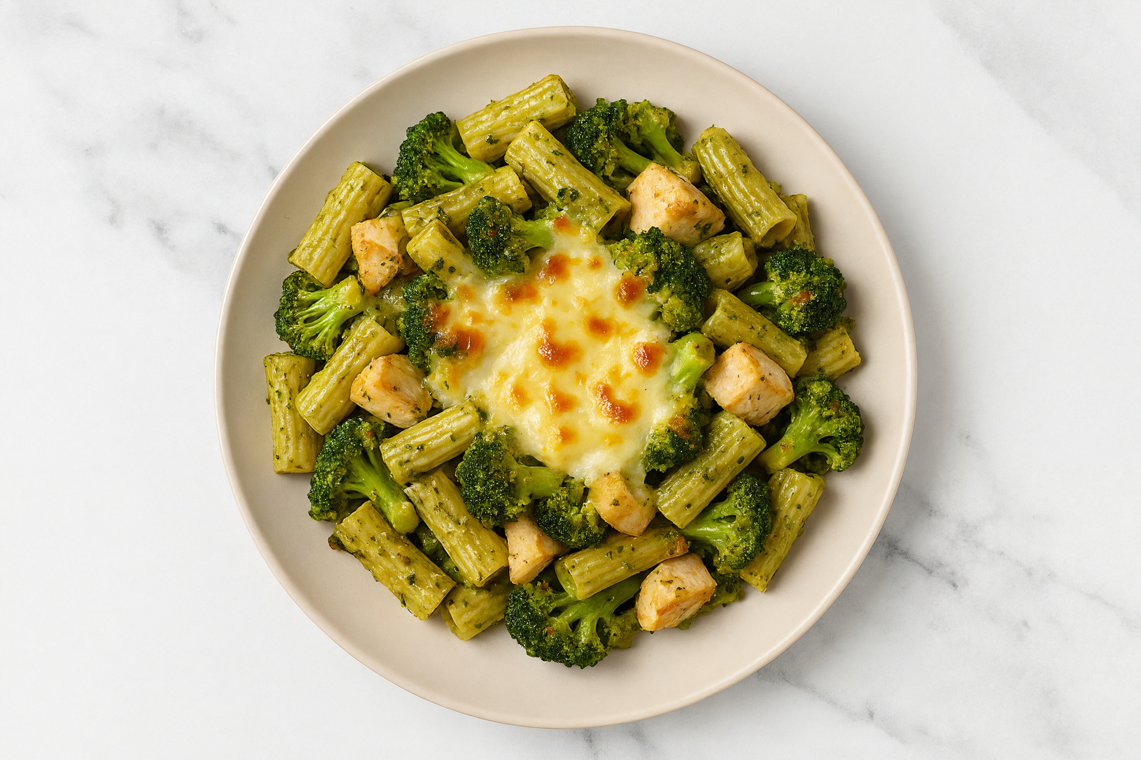 Cheesy Chicken Pesto Rigatoni Pasta Bake