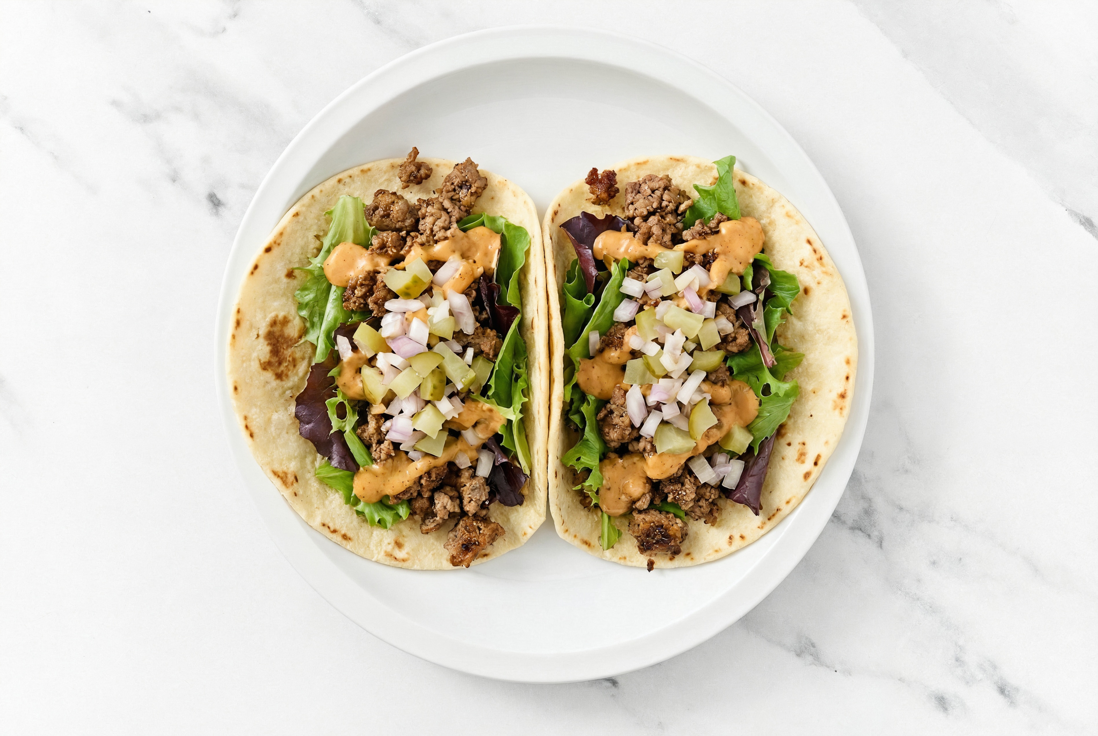 Herby Garlicky BBQ Burger Tacos with Pickle De Gallo with Ground Beef Patties
