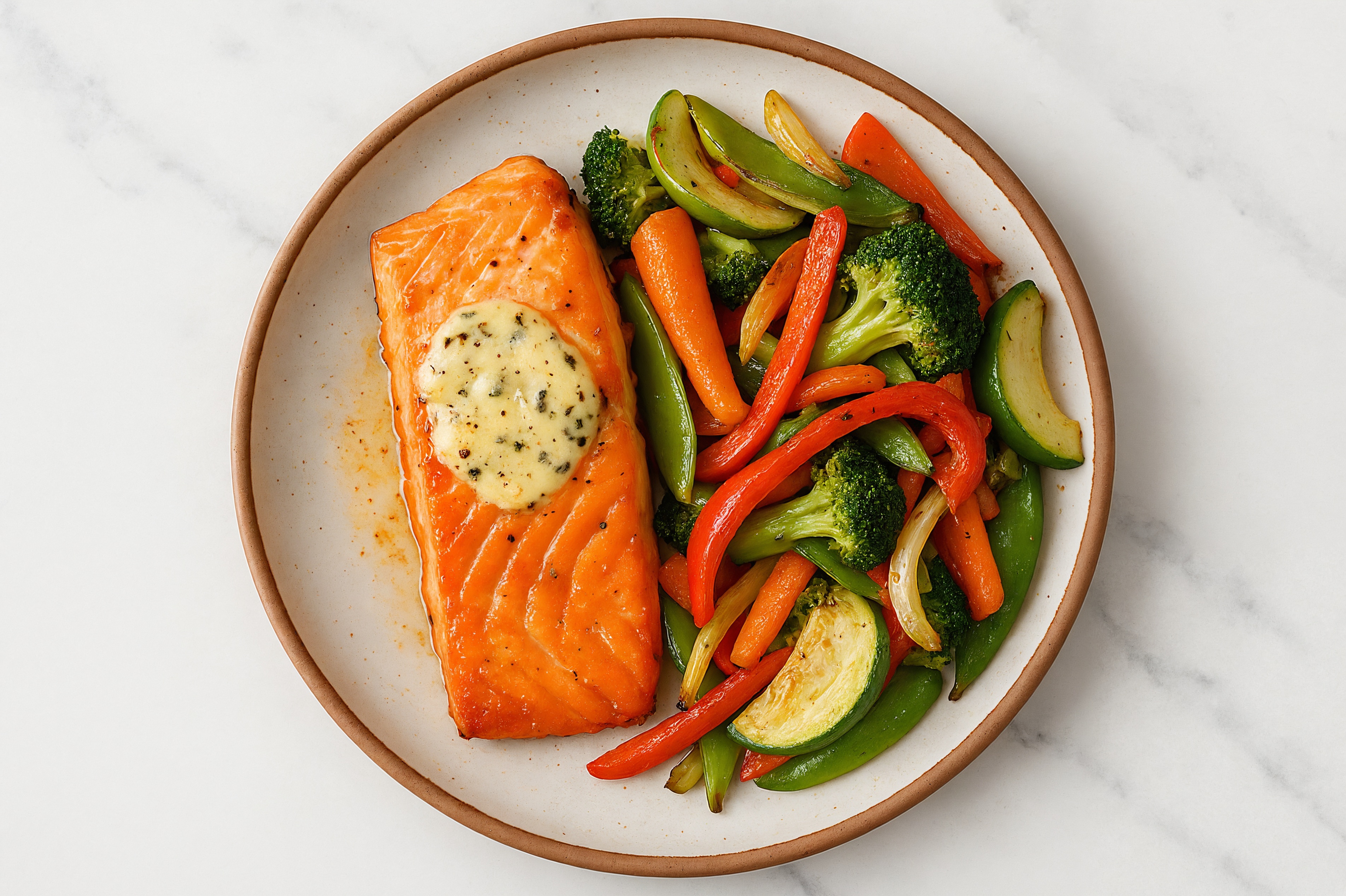 Sheet-Pan Slow Churned Lemon & Peppercorn Pasture Butter Pepper Salmon + Veggies