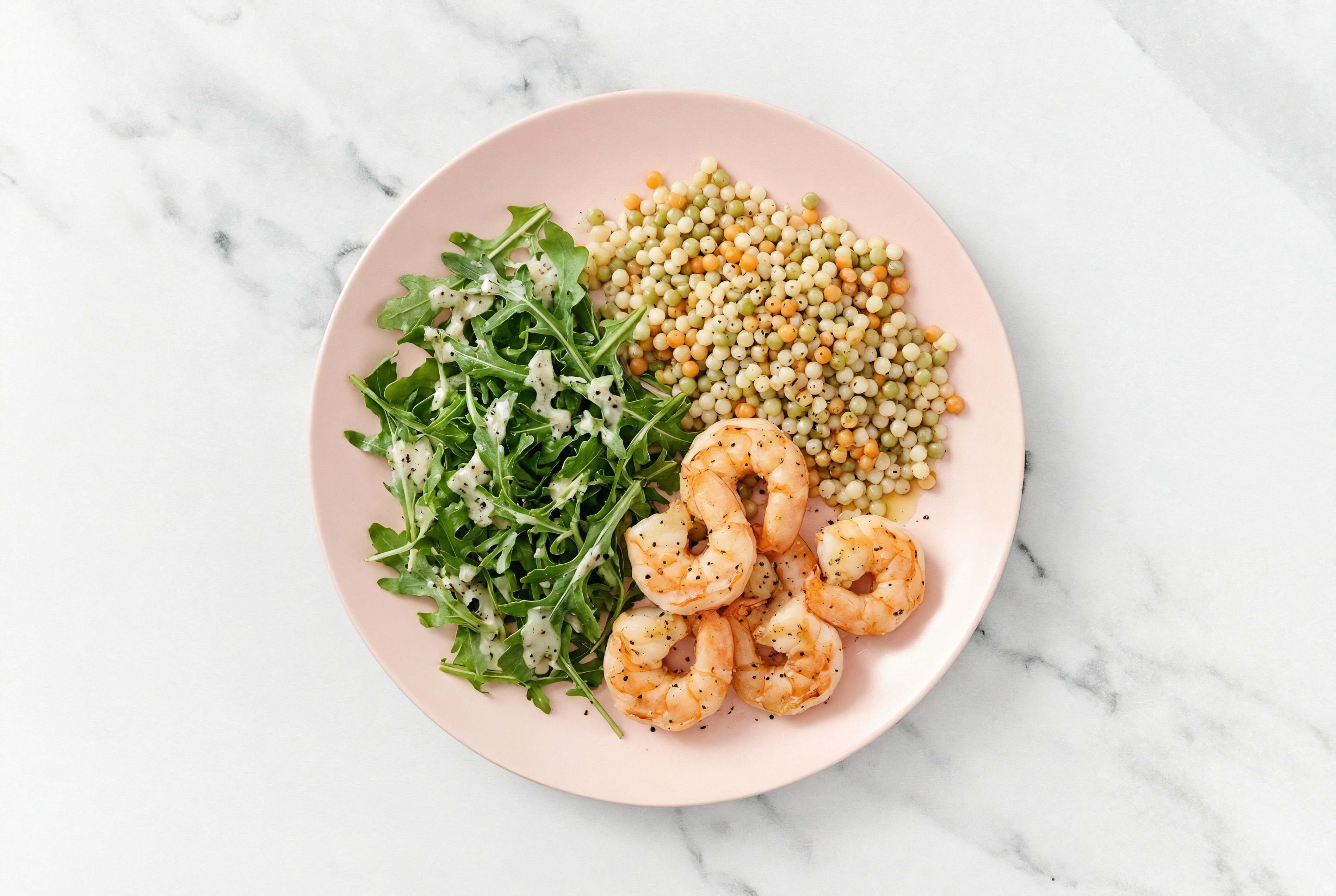 Creamy Asiago Jumbo Shrimp + Arugula Couscous