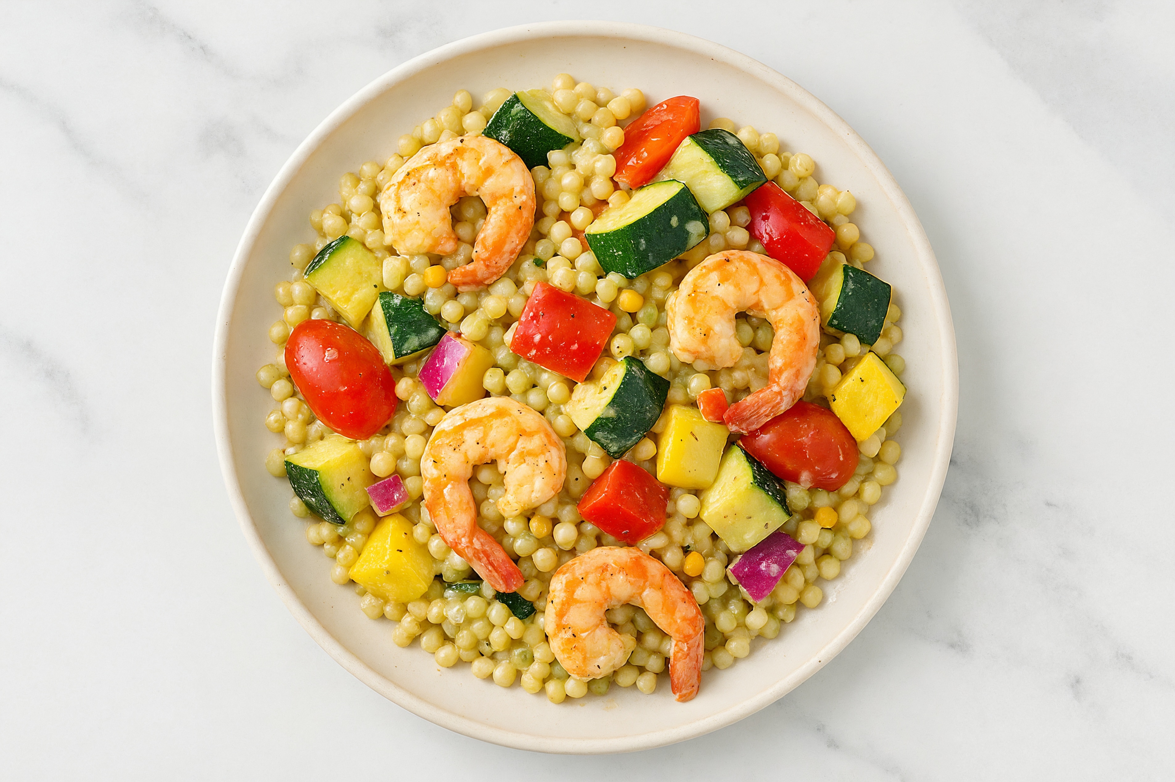 Summer Veggie + Jumbo Shrimp Couscous Pasta Salad