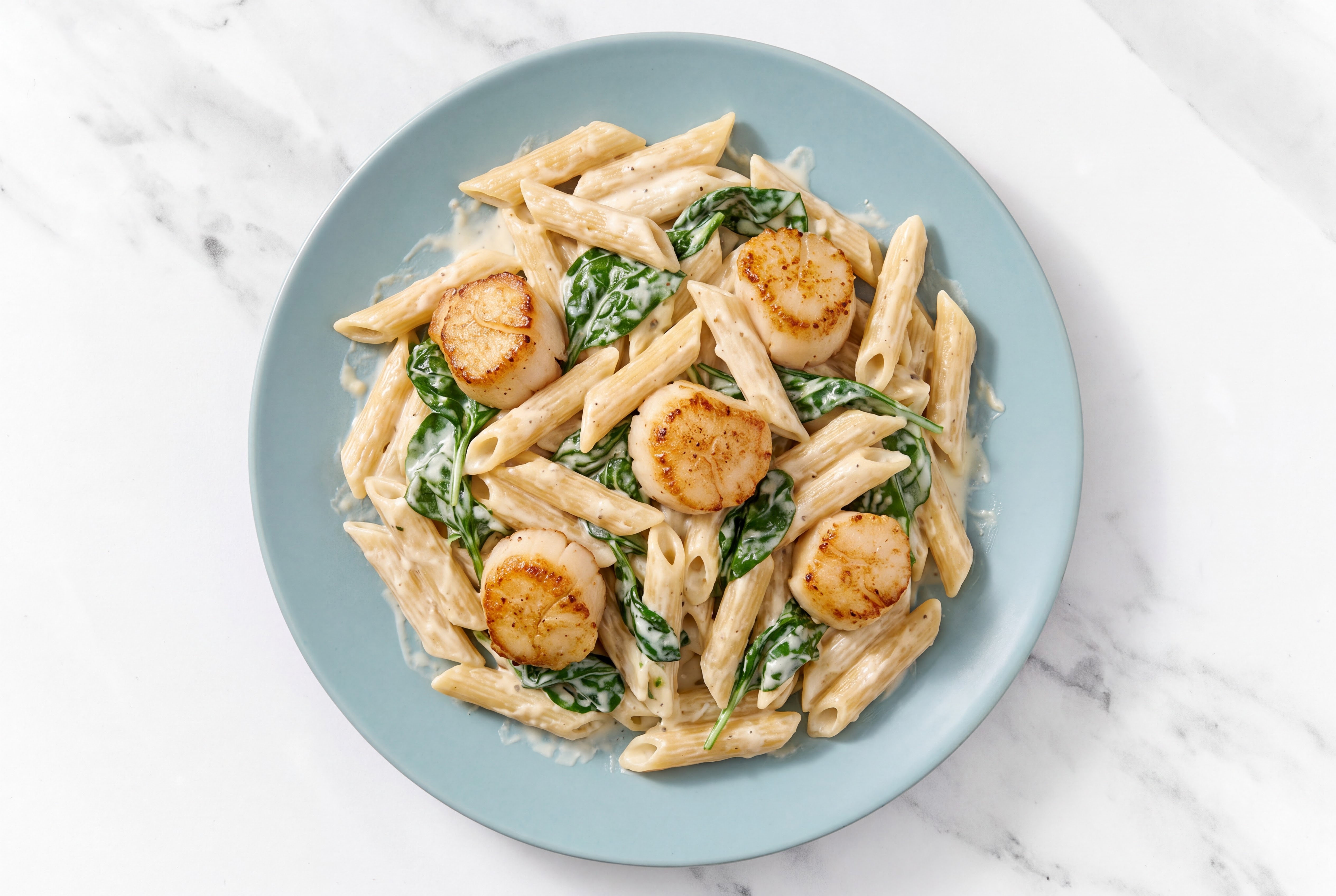Alfredo Penne with Jumbo Scallops & Spinach