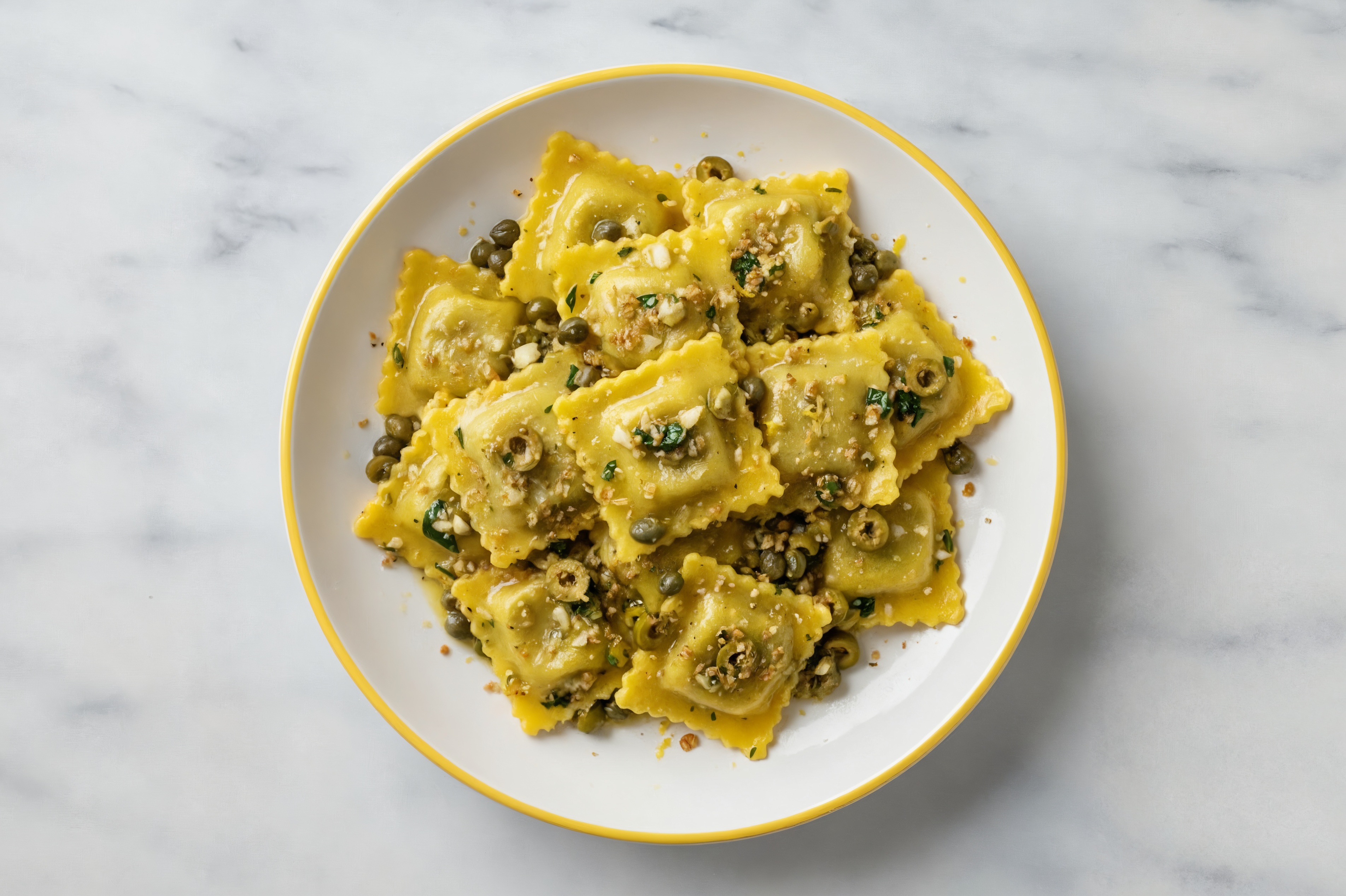 Spinach Ricotta Ravioli with Green Olive Gremolata + Toasted Panko