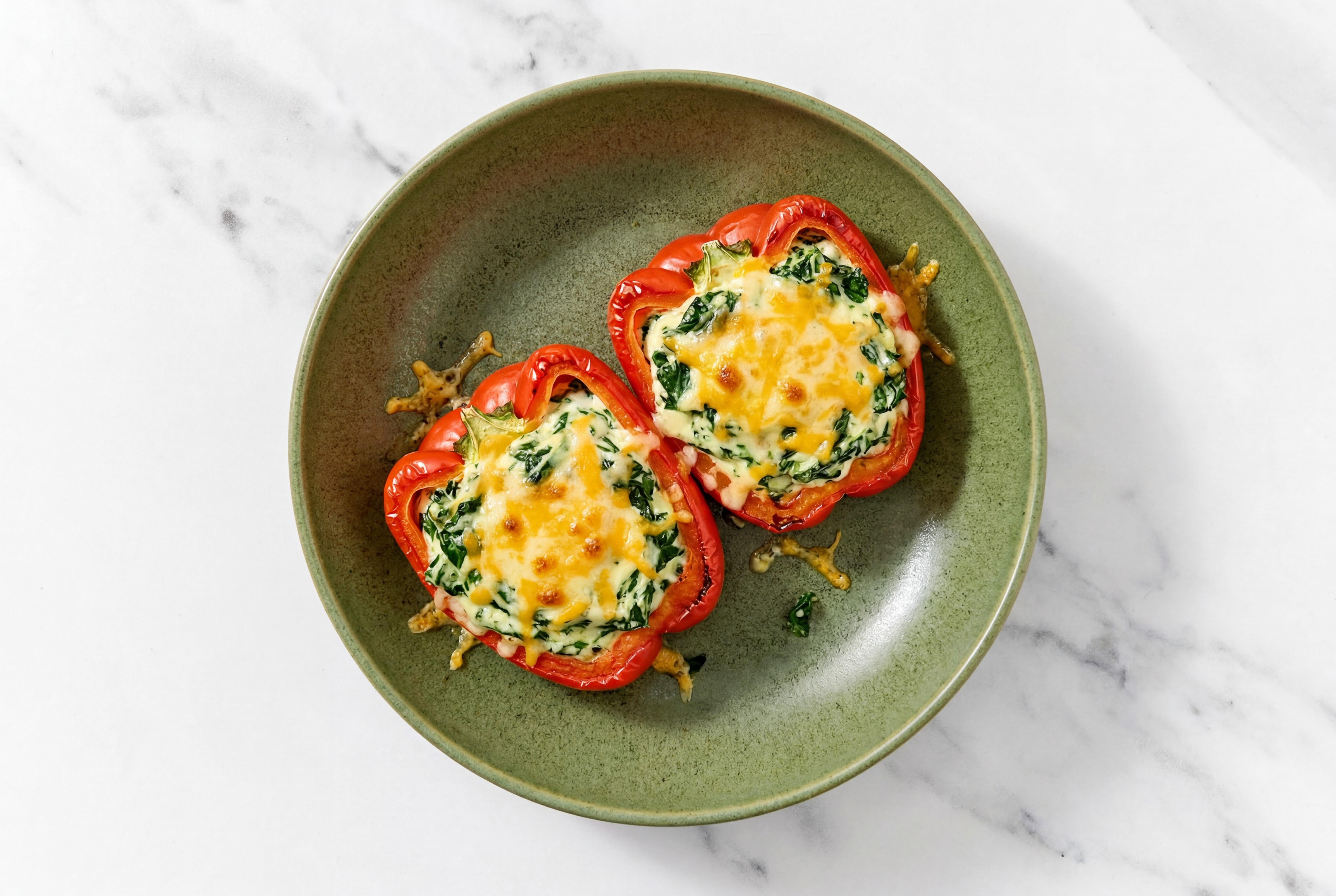 Creamy Organic Spinach Stuffed Peppers with Shredded Sharp Cheddar Cheese