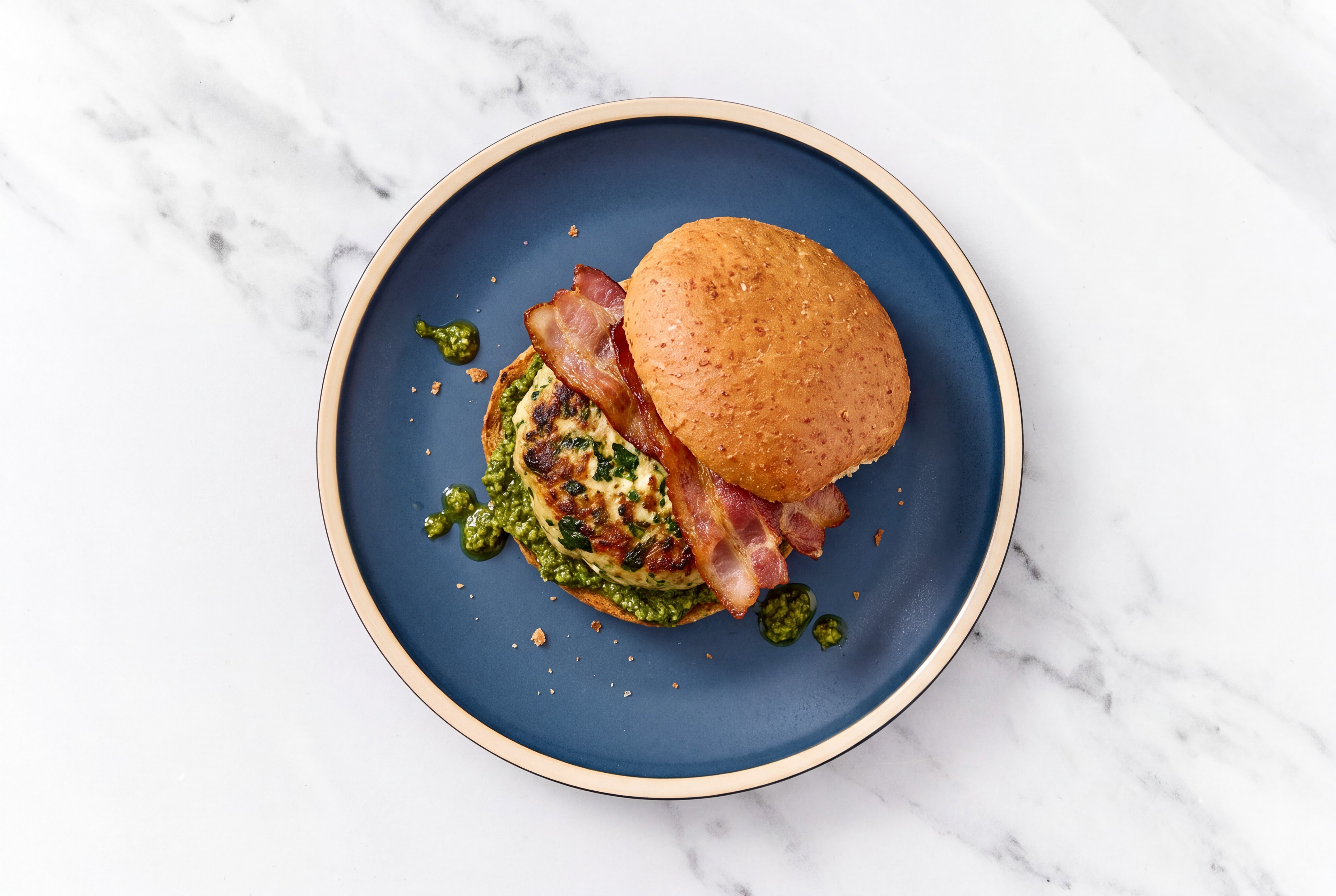 Garlic Turkey Burger on Sprouted Grain with Spinach Pesto & Smoked Bacon