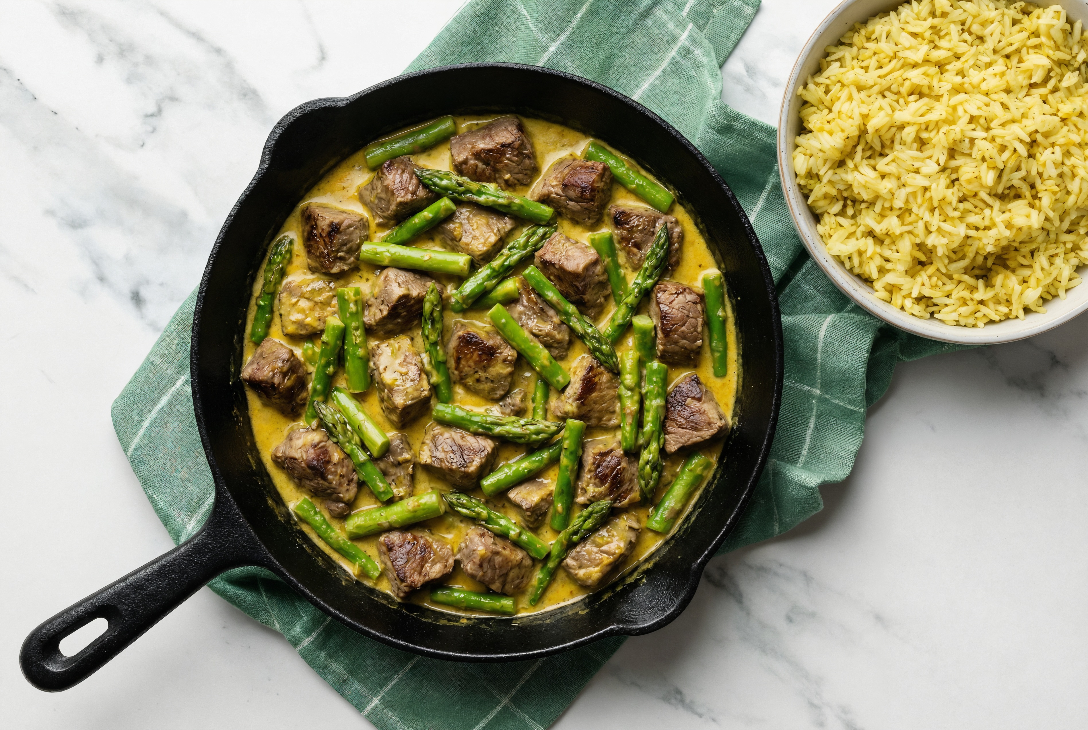 Coconut Curry Beef Filet Stir-Fry with Asparagus over Jasmine Rice