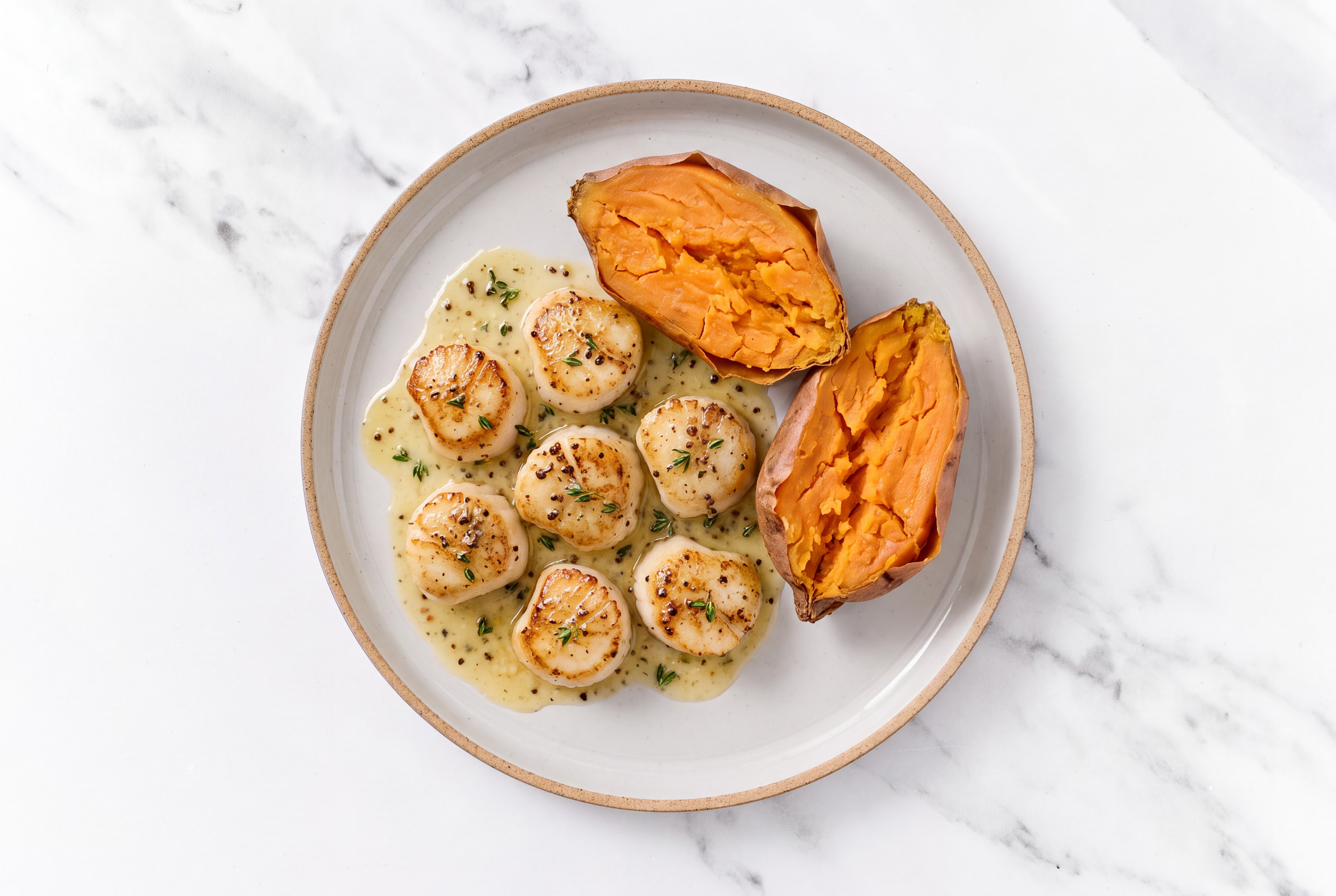  Buttery Herbed Jumbo Scallops + Sweet Potatoes