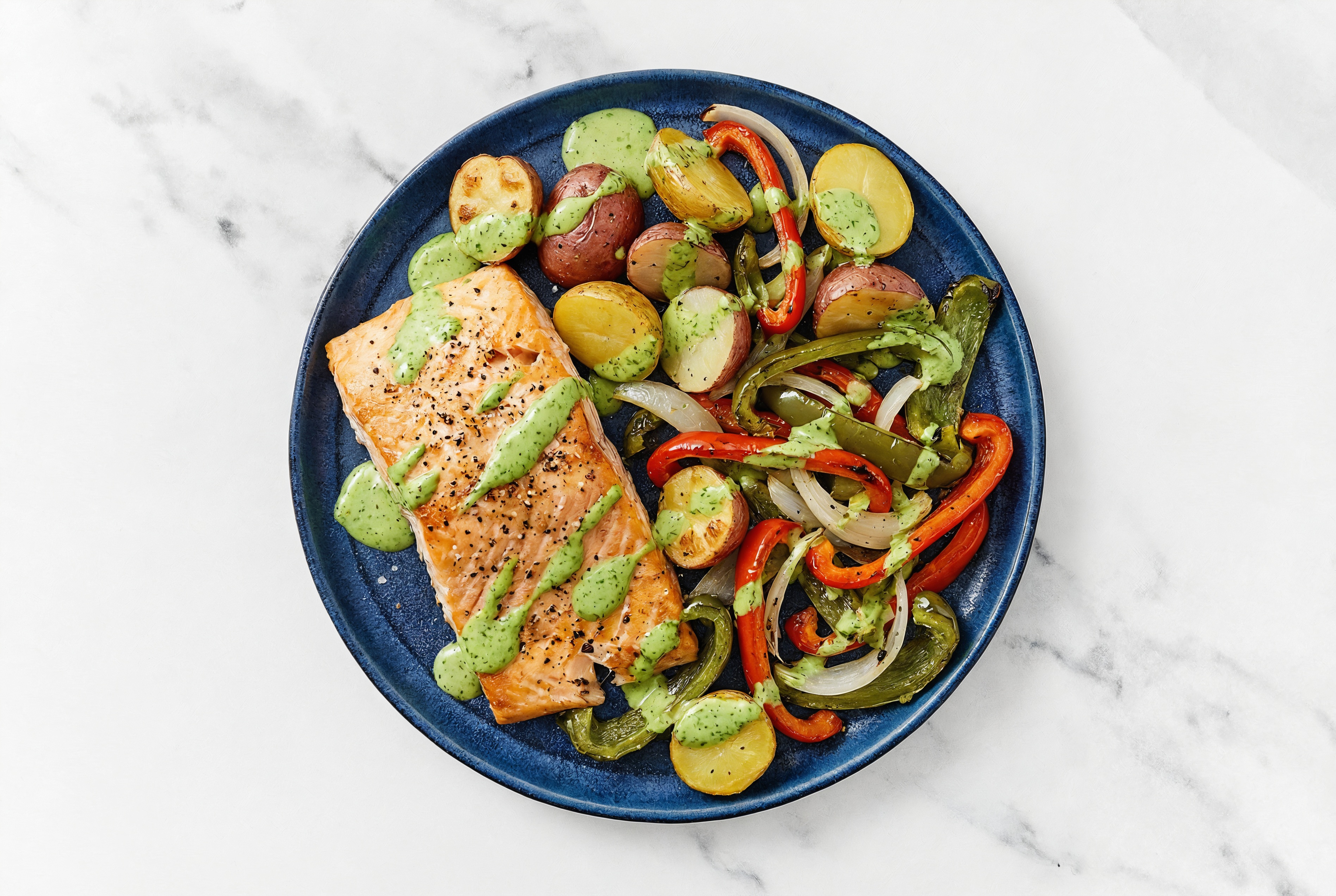 Sheet Pan Green Goddess-Salmon with Potatoes & Peppers