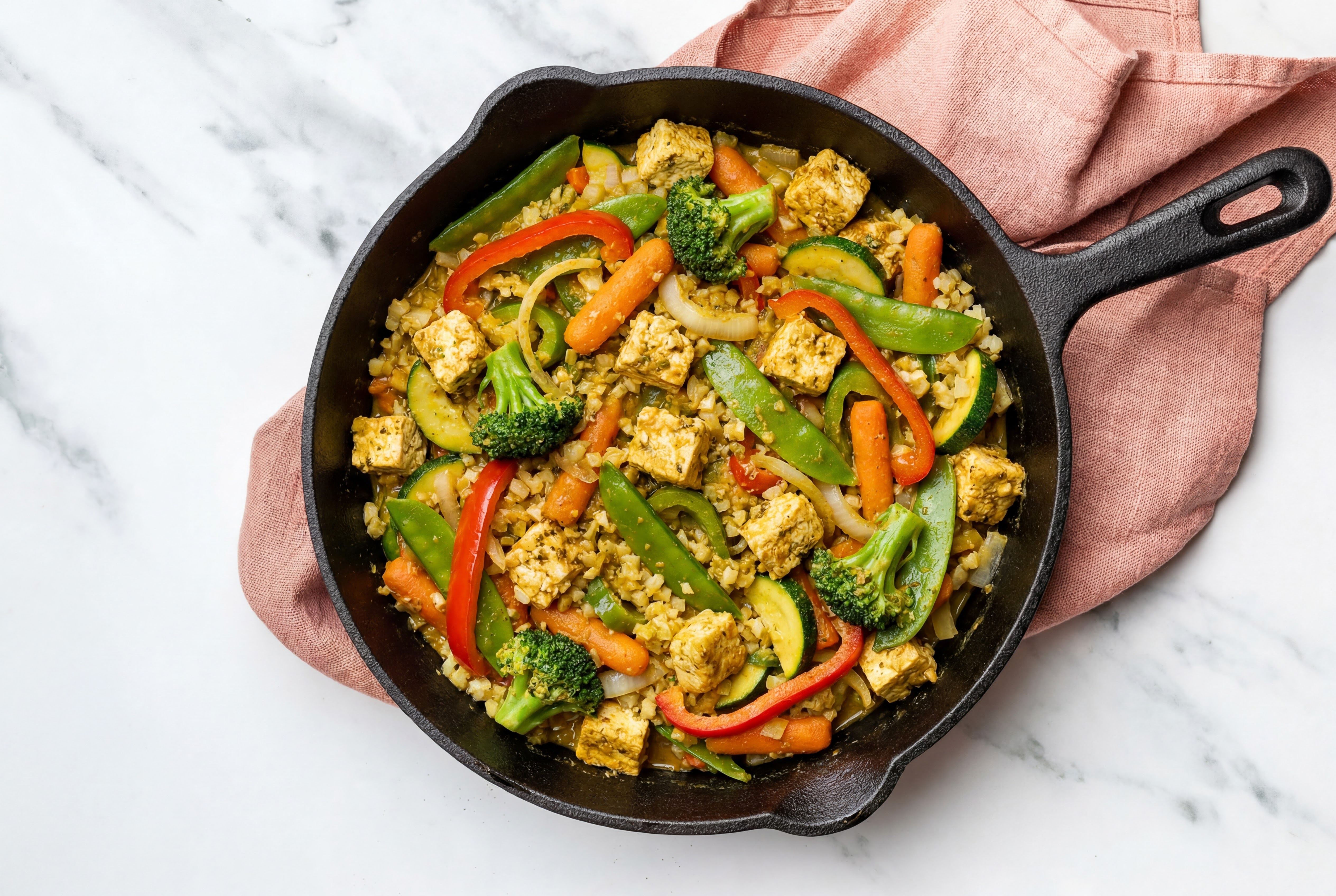 Herby Coco Curry Savory Spiced Tofu Bites + 7-Veggie Stir-Fry
