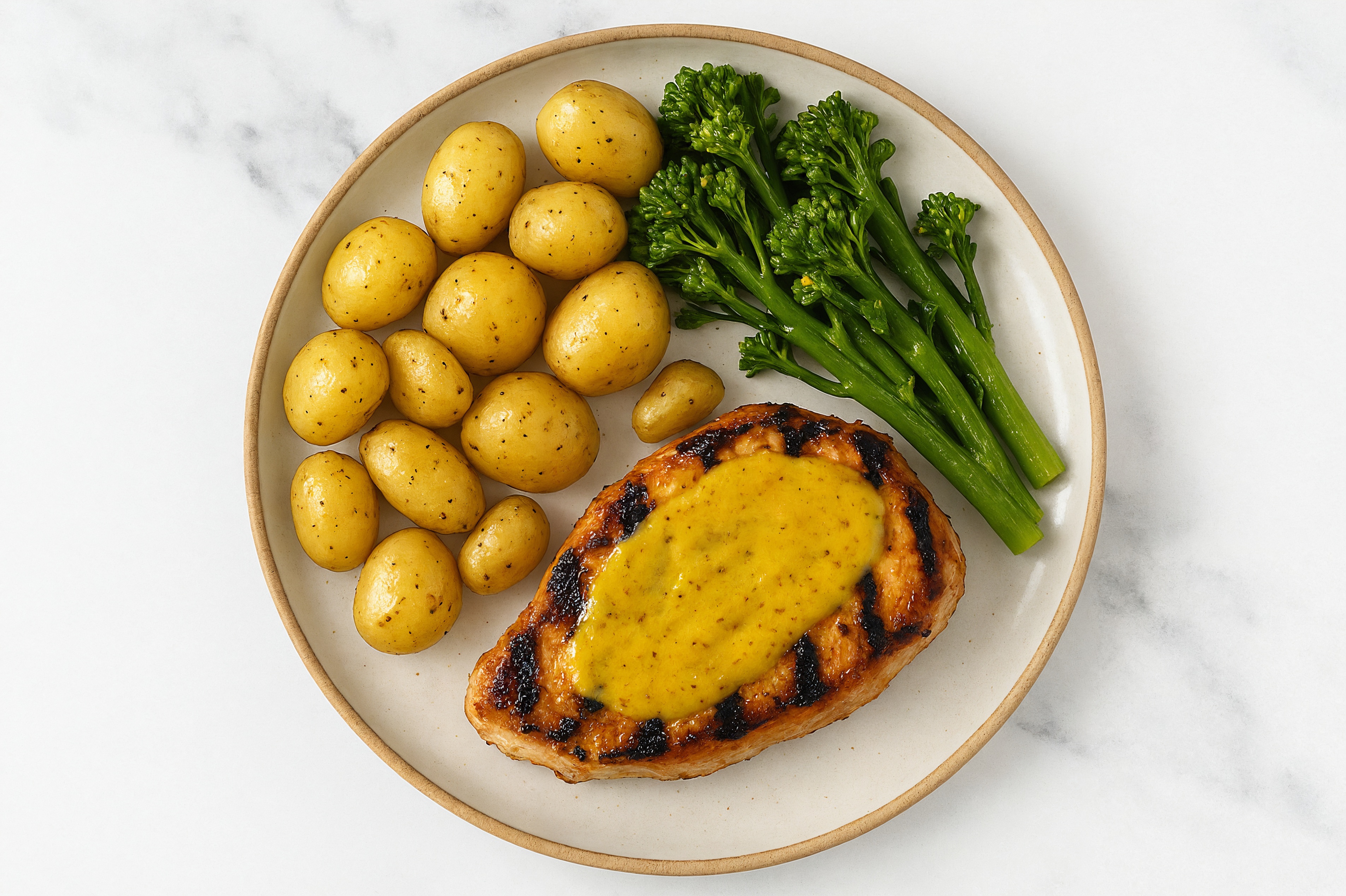 Honey Mustard Pork Chop + Yellow Potatoes with Sweet Baby Broccoli