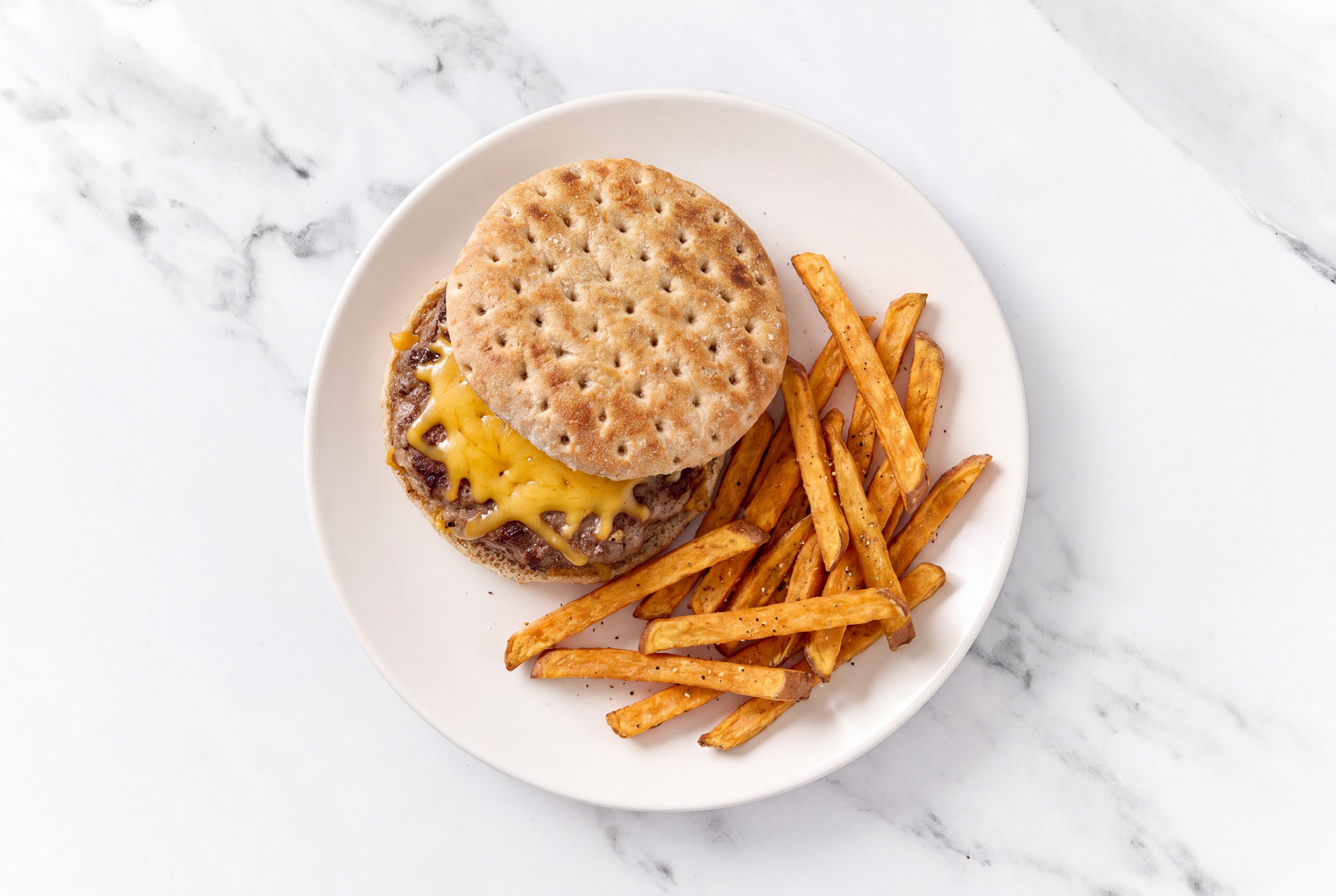 Cheesy 93/7 Lean Ground Beef Burger + Sweet Potato Fries