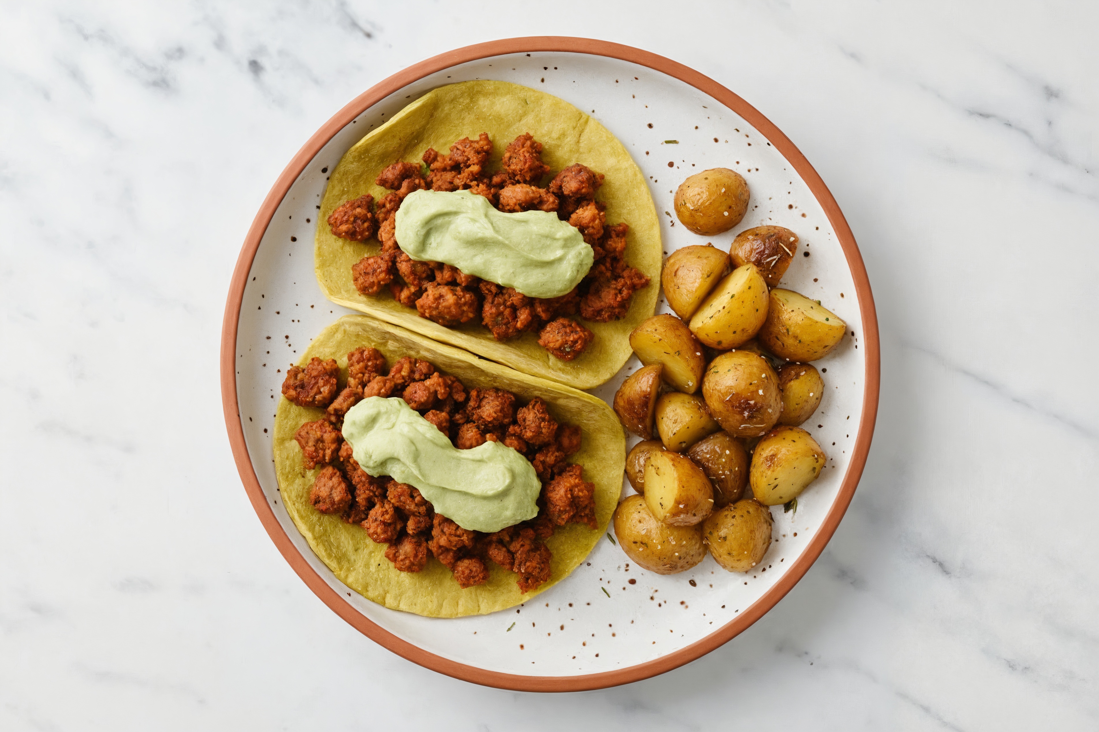 Spicy Taco with Vegan Pesto Aioli + Chorizo with Spinach Tortilla