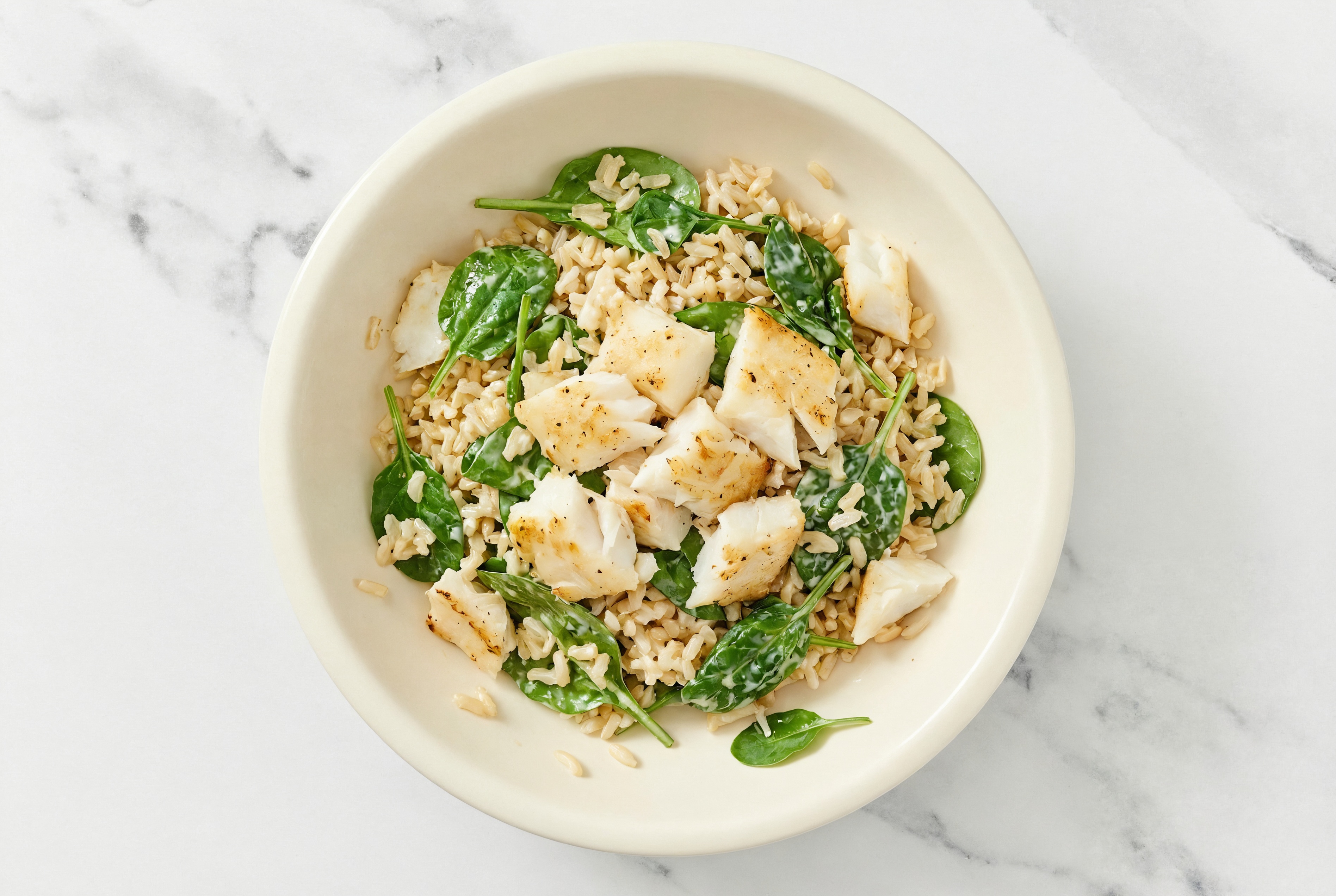 Horseradish Halibut Steak Grain Salad with Baby Spinach