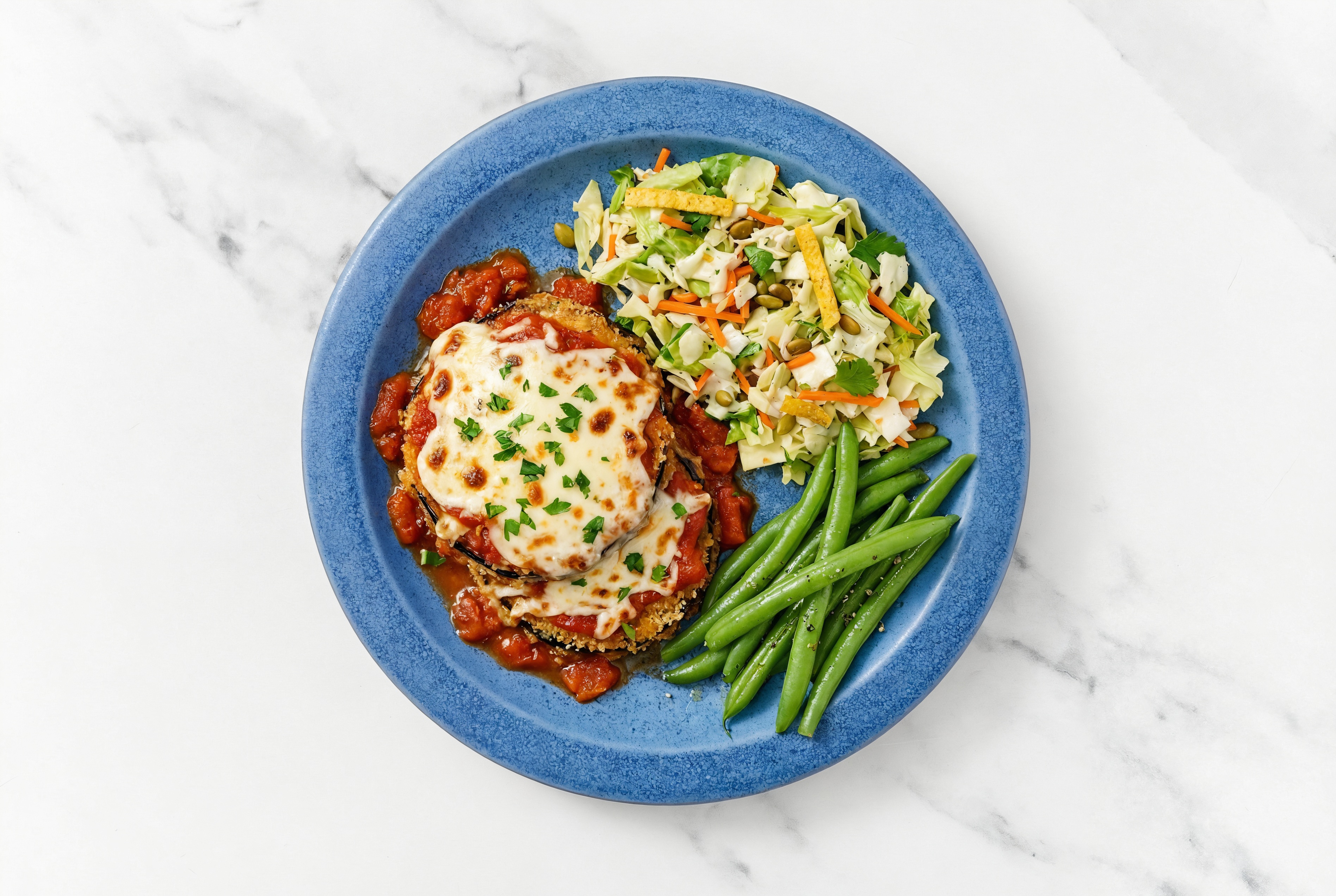Eggplant Parmesan with Green Beans + Southwest Salad