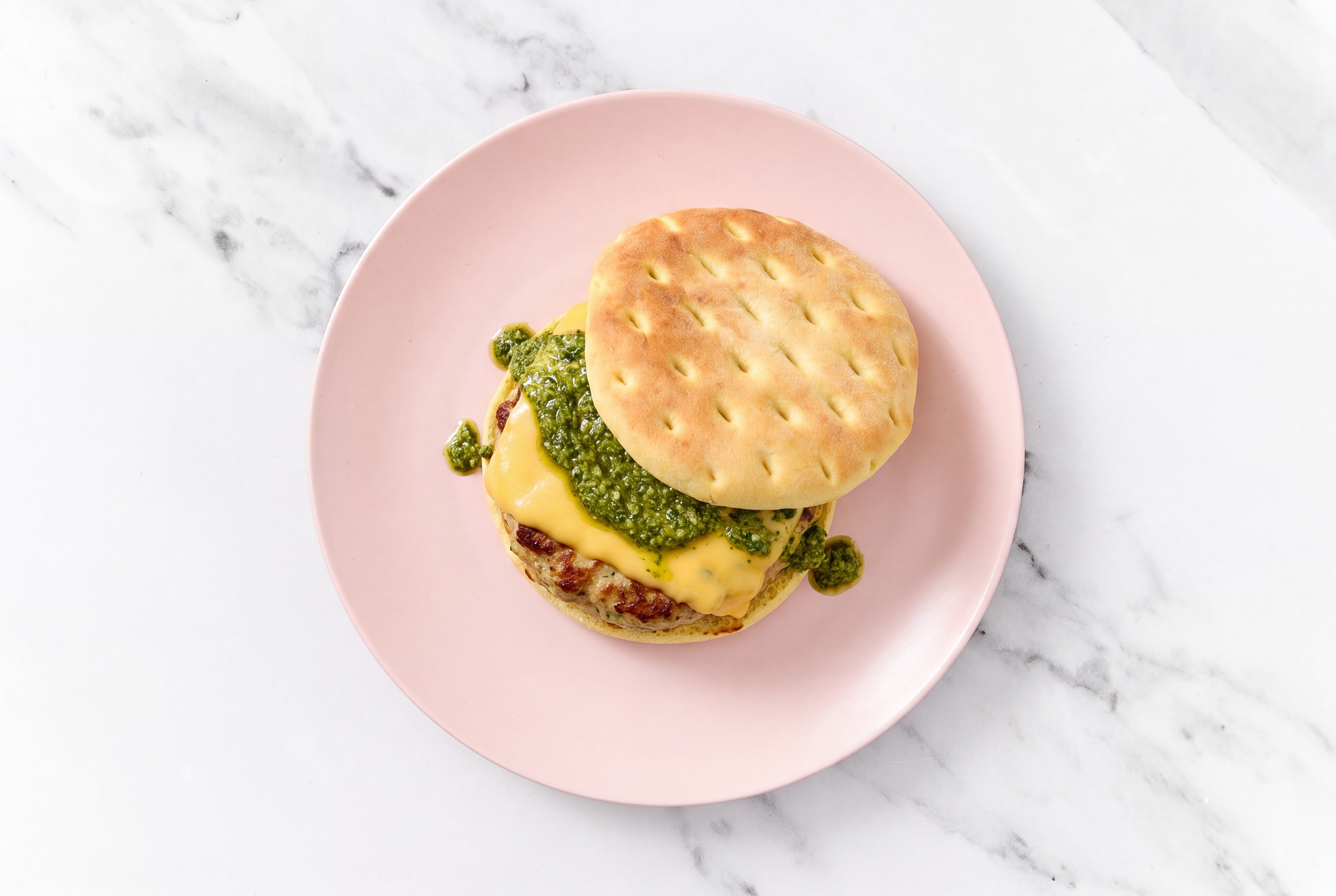 Garlic Turkey Burger on Brioche Thin Buns with Spinach Pesto & American