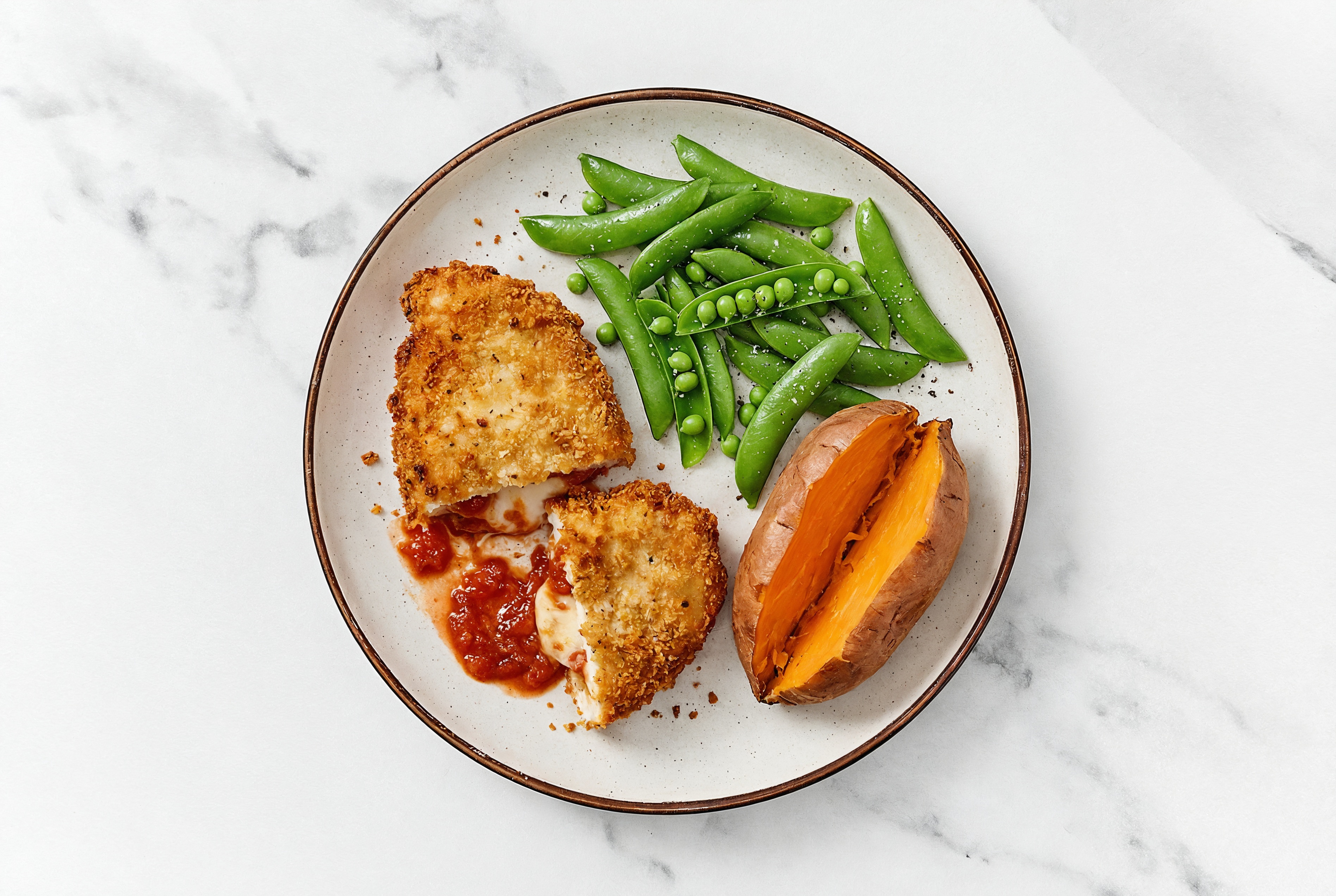 "Chicken" Parm with Snap Peas & Sweet Potato