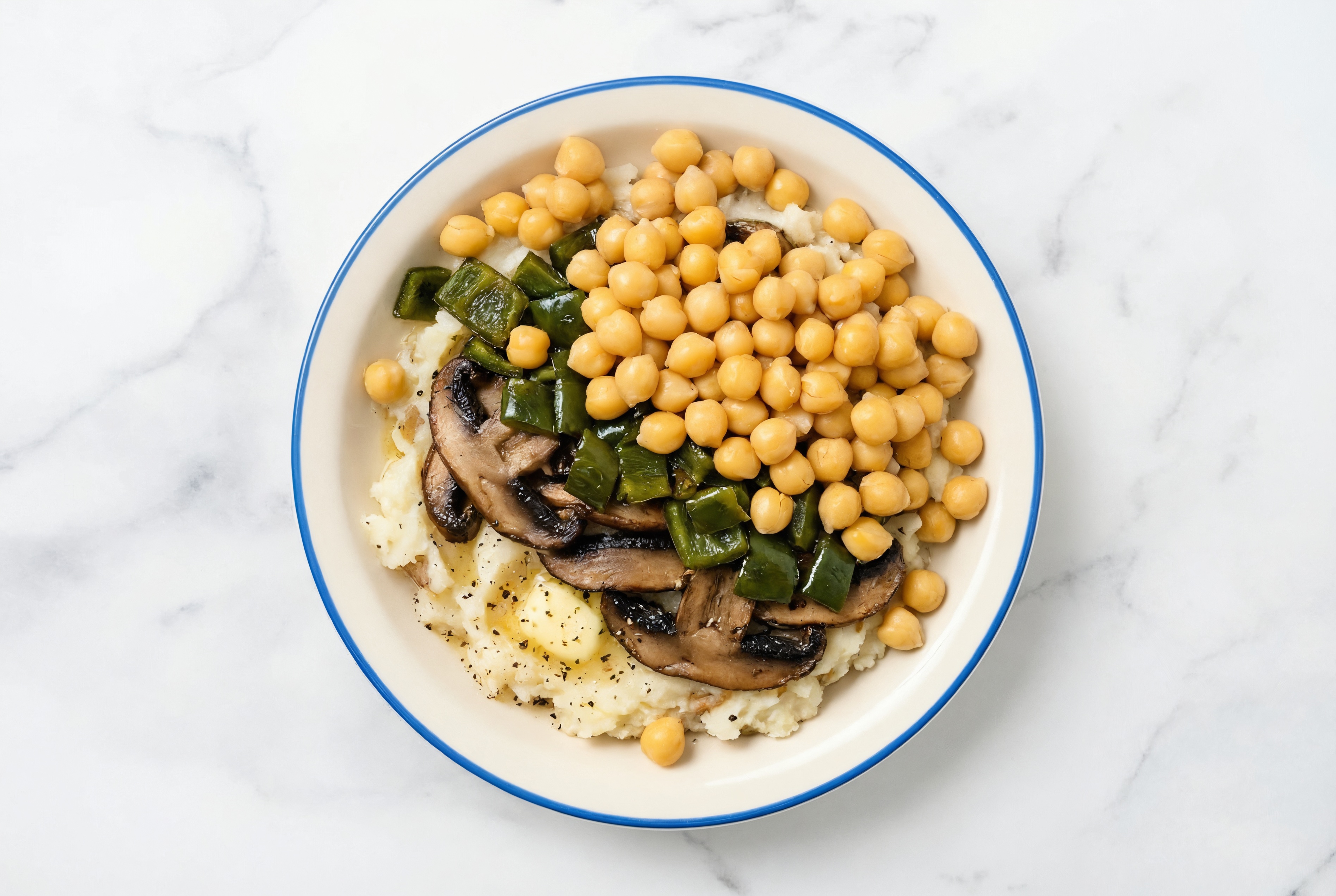 Mashed Microwave-Ready Russet Potato Plate with Sautéed Poblano, Mushroom + Garbanzo