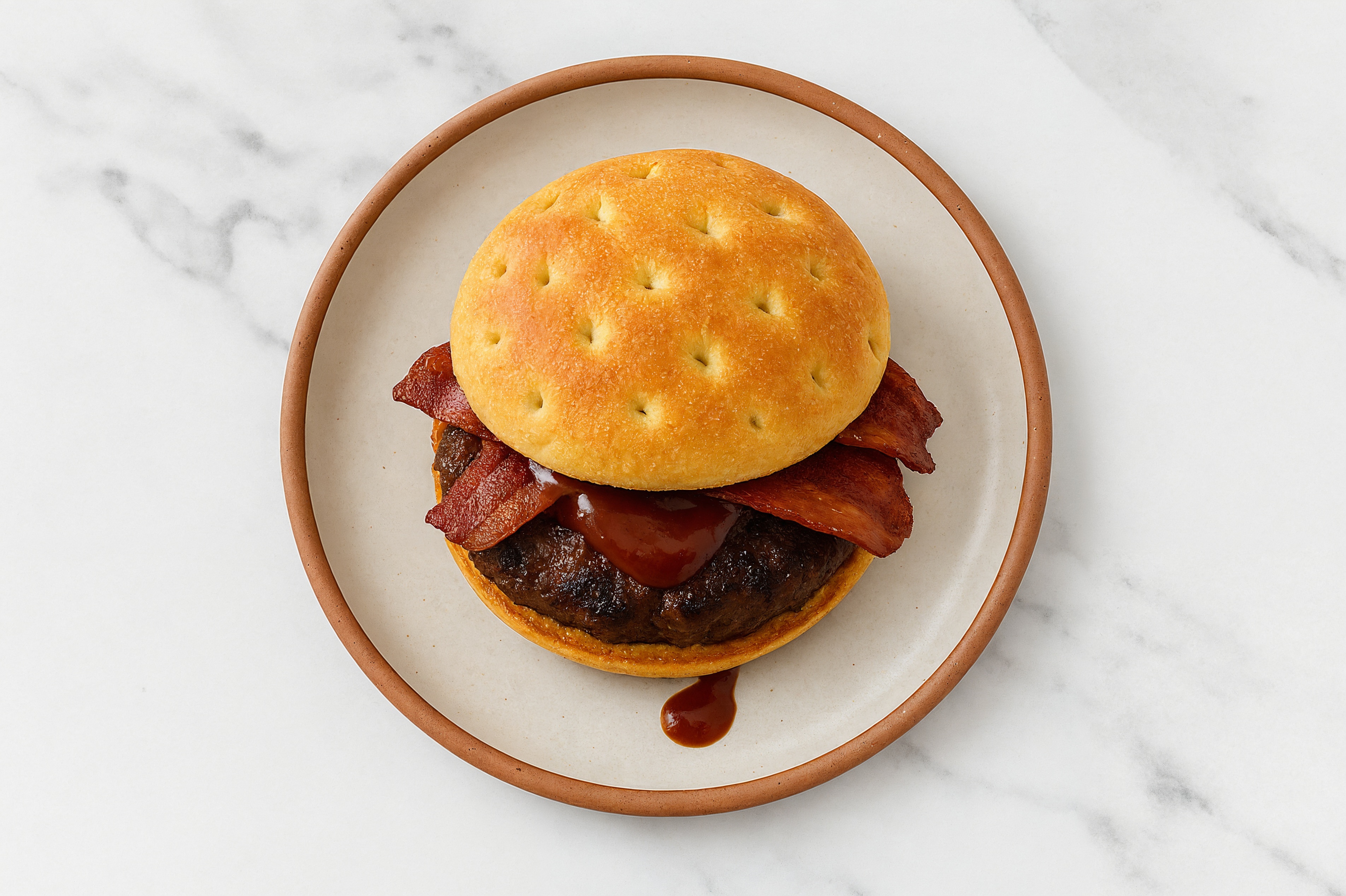 Beef Burger on Brioche Thin Buns with BBQ & Turkey Bacon