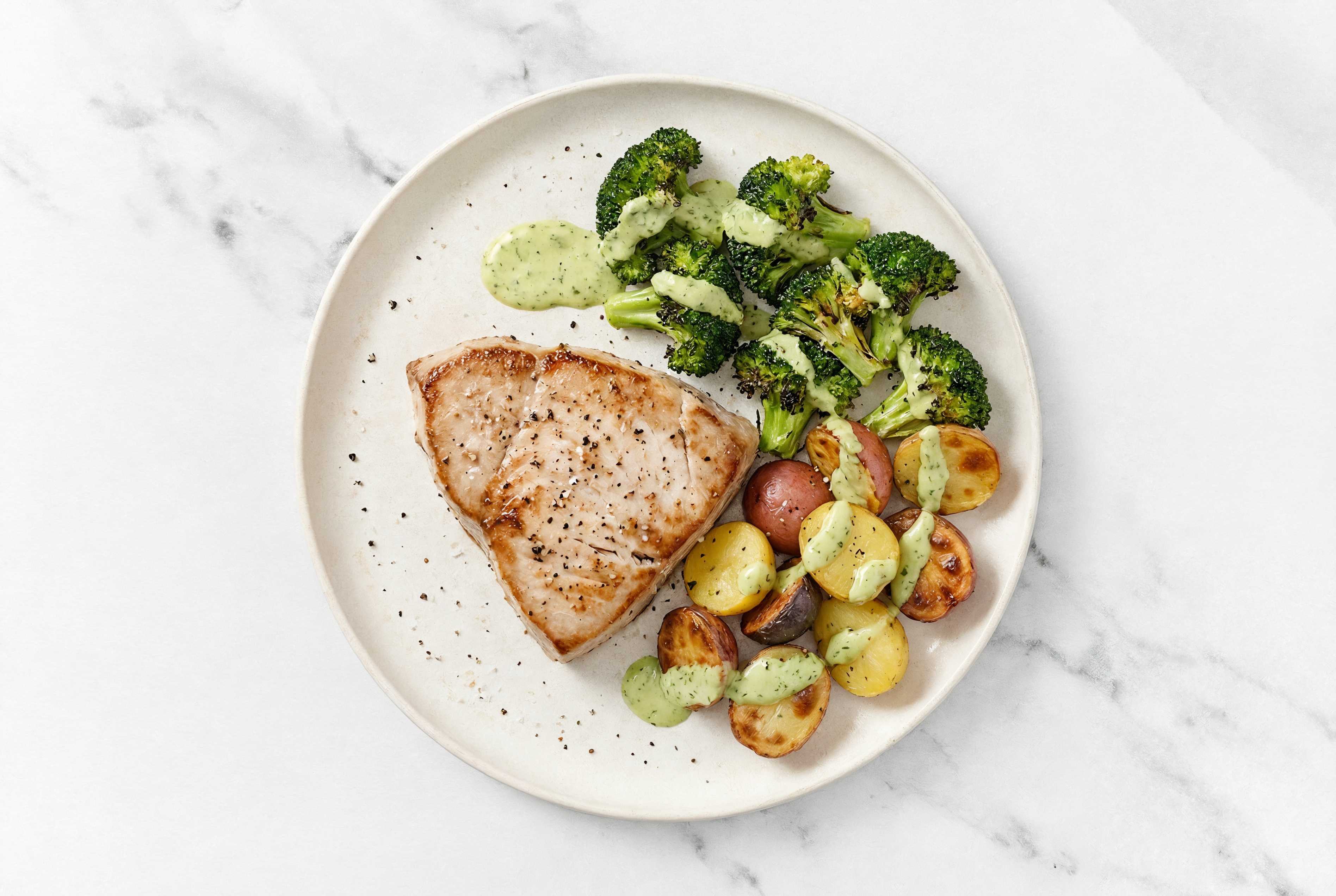 Sheet Pan Green Goddess-Tuna with Potatoes & Broccoli