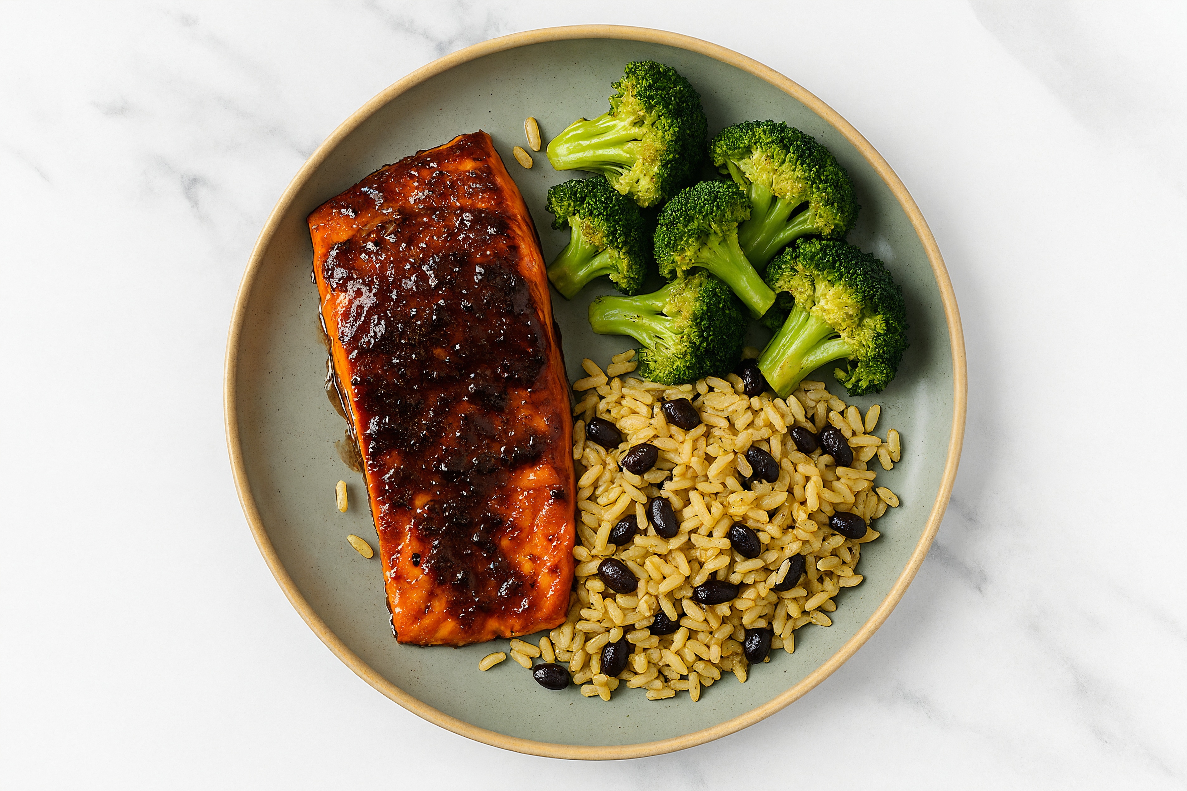 Sweet + Tangy Wild Salmon + Organic Broccoli with Seasoned White Rice + Black Beans