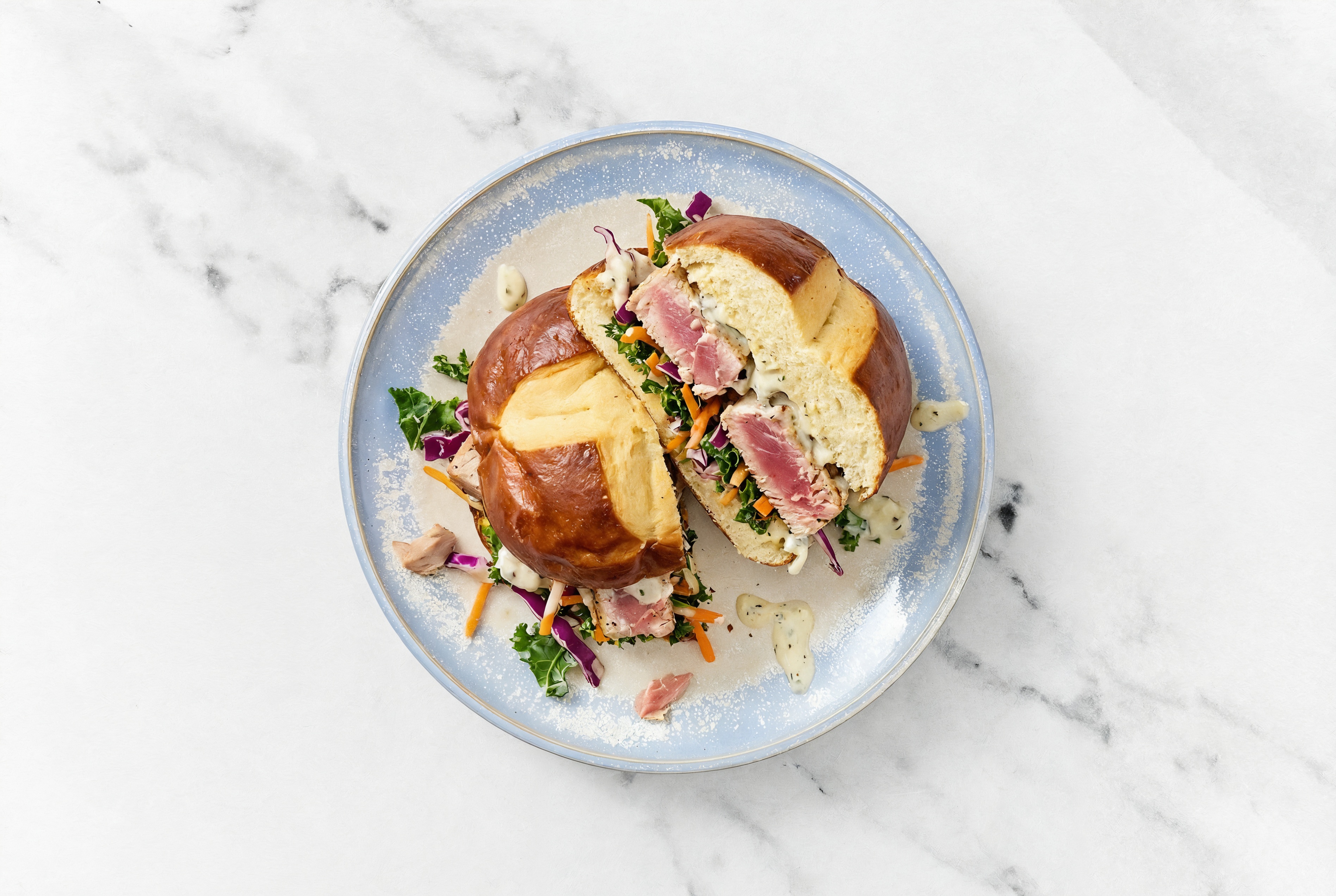 Creamy Garlic Tuna Sandwich on Pretzel Bun with Rainbow Veggies