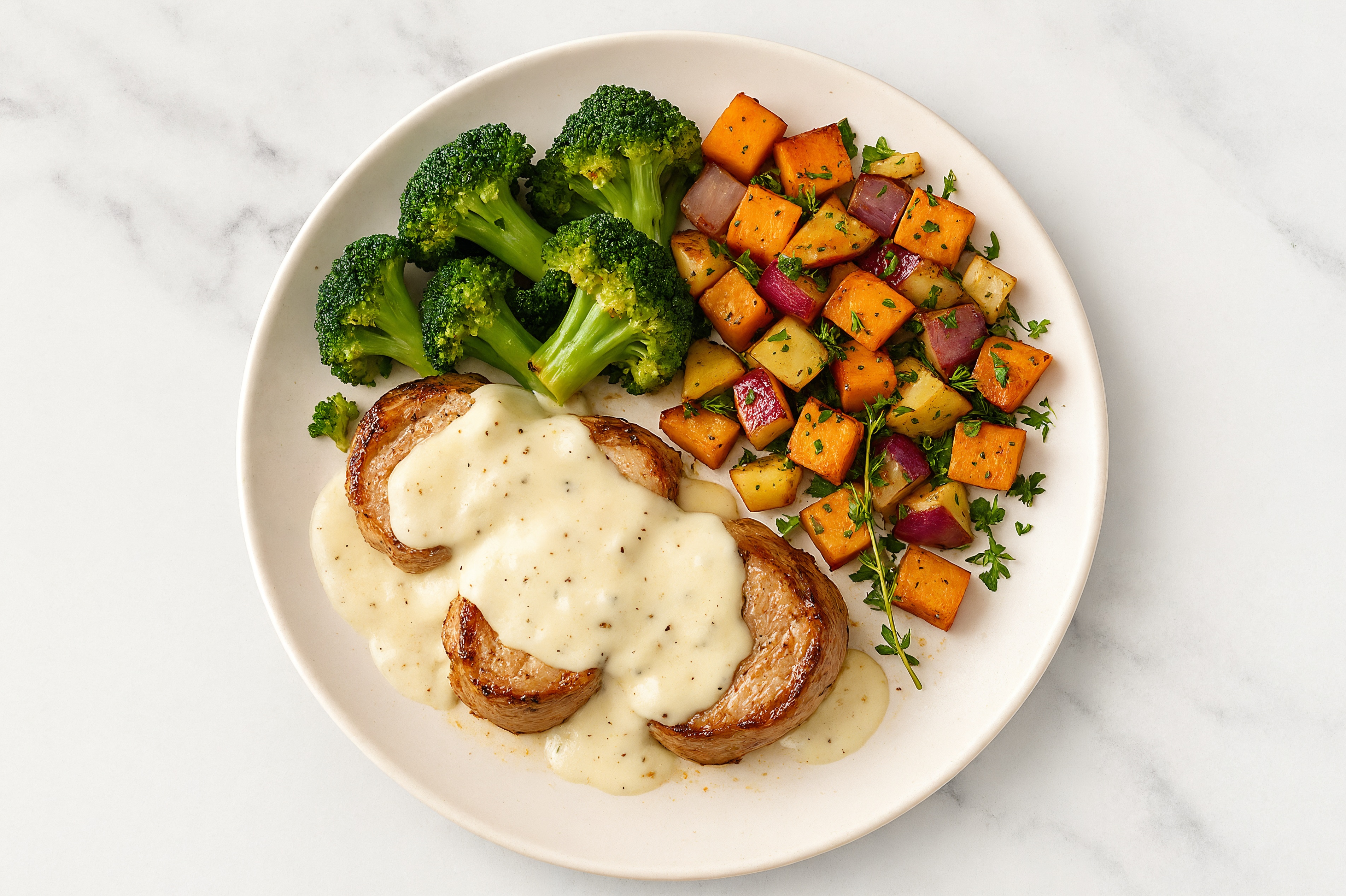 Creamy Parmesan Smothered Pork Tenderloin with Broccoli & Roasted Vegetables