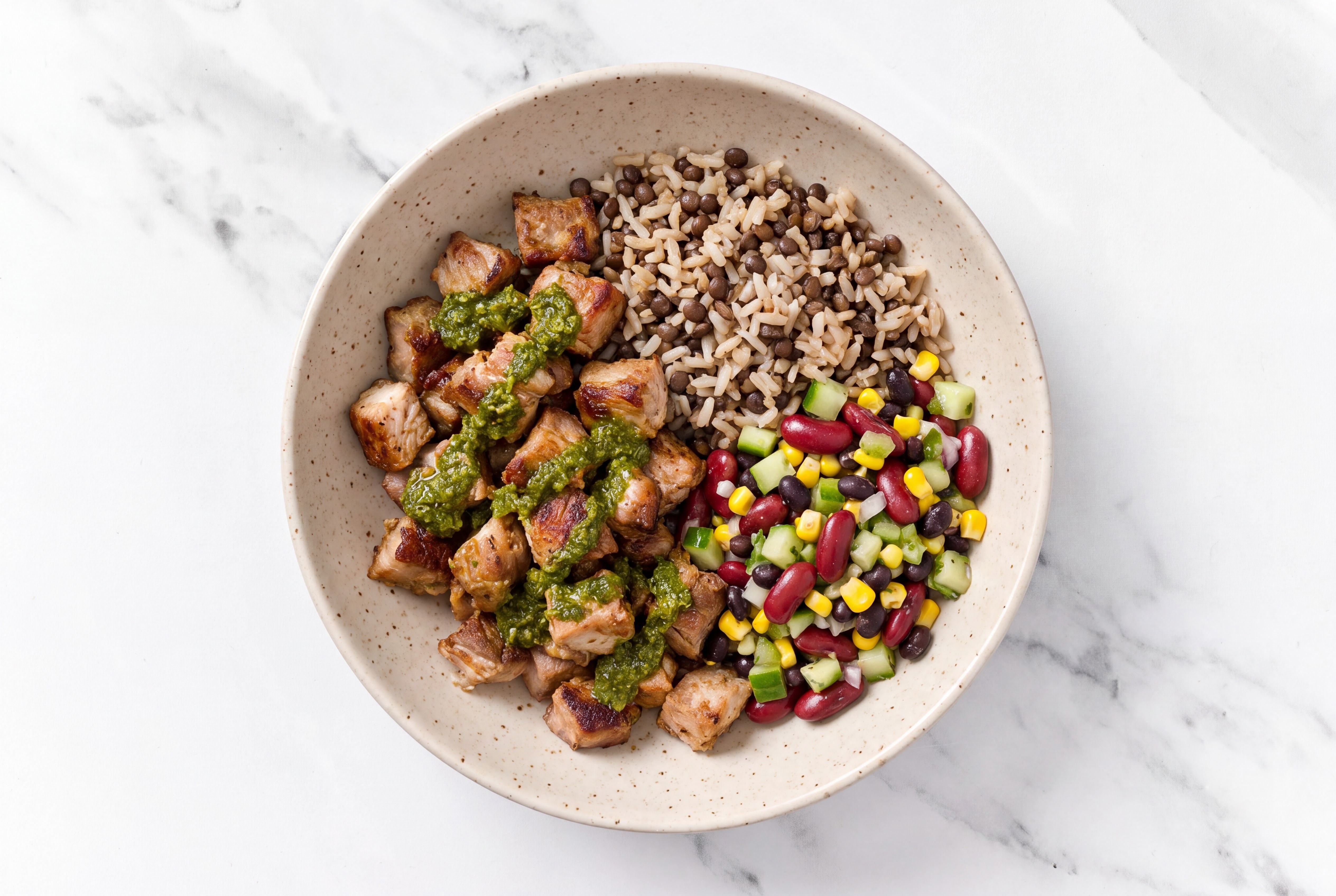 Carnitas Grain Bowl with Bean Salad & Zhoug with Lentil Quinoa Rice Mix