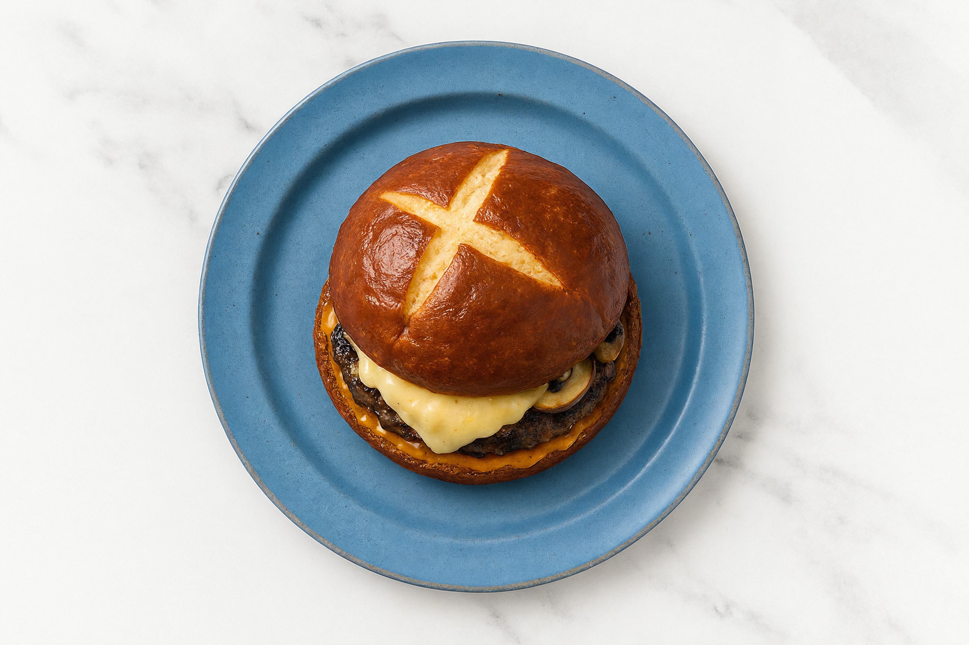 Sautéed Mushroom + Havarti Wagyu Beef Burger with  Creamy Smoky BBQ
