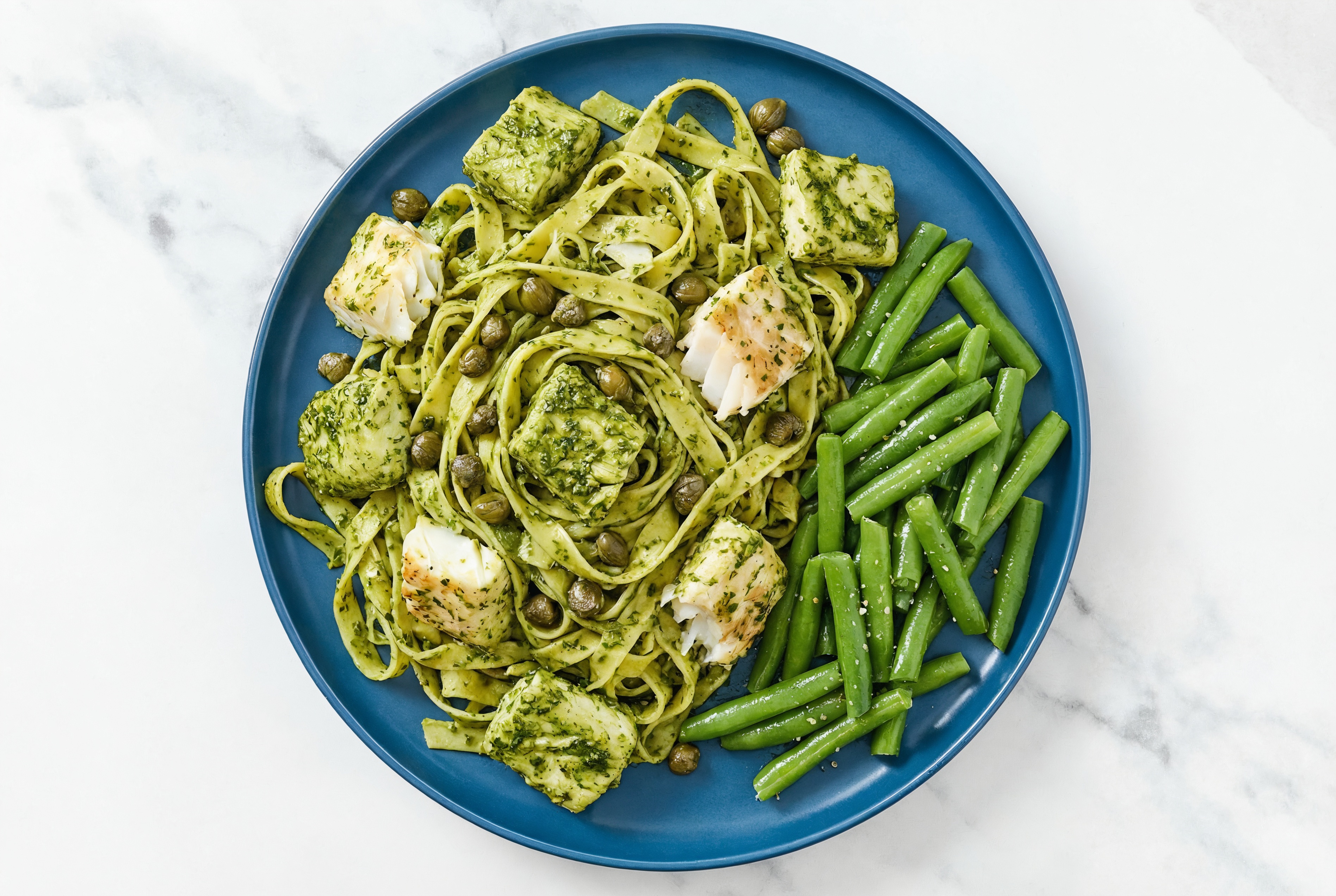Super Green Halibut Tagliatelle with Green Beans + Foraged Capers