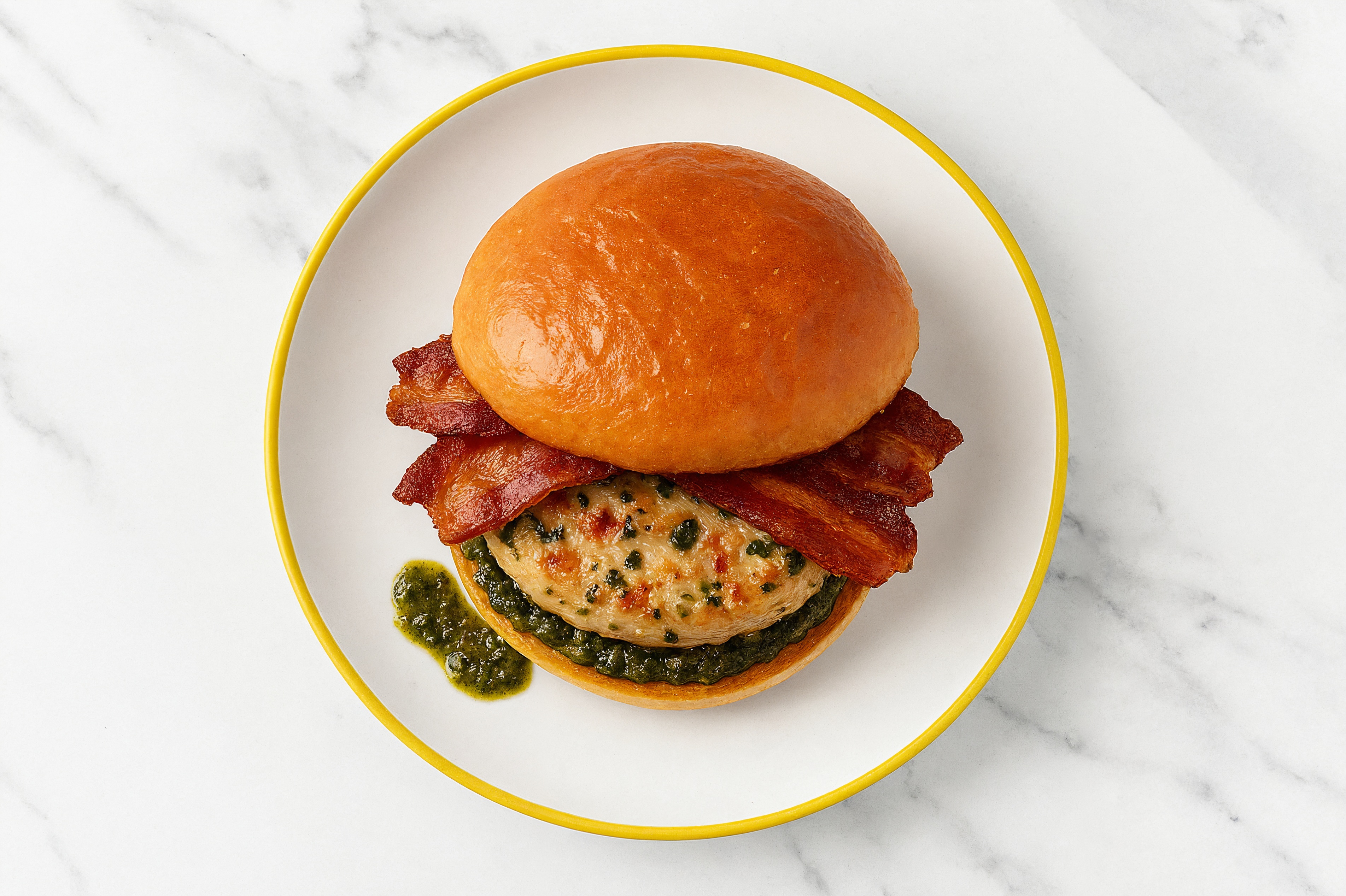 Garlic Chicken Burger Buns on Brioche with Spinach Pesto & Applewood Smoked Pork Bacon