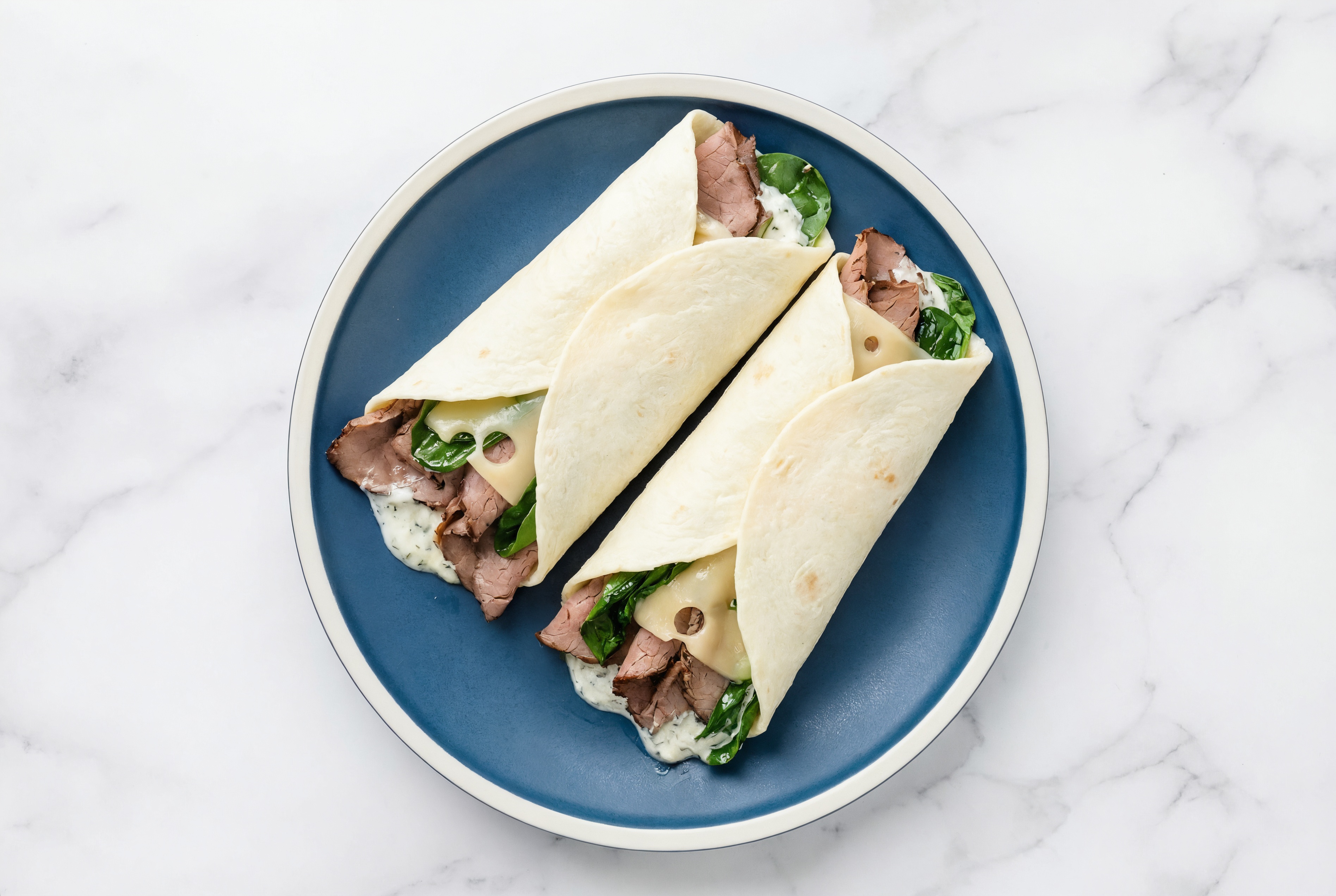 Creamy Roast Beef + Swiss Wraps with Spinach