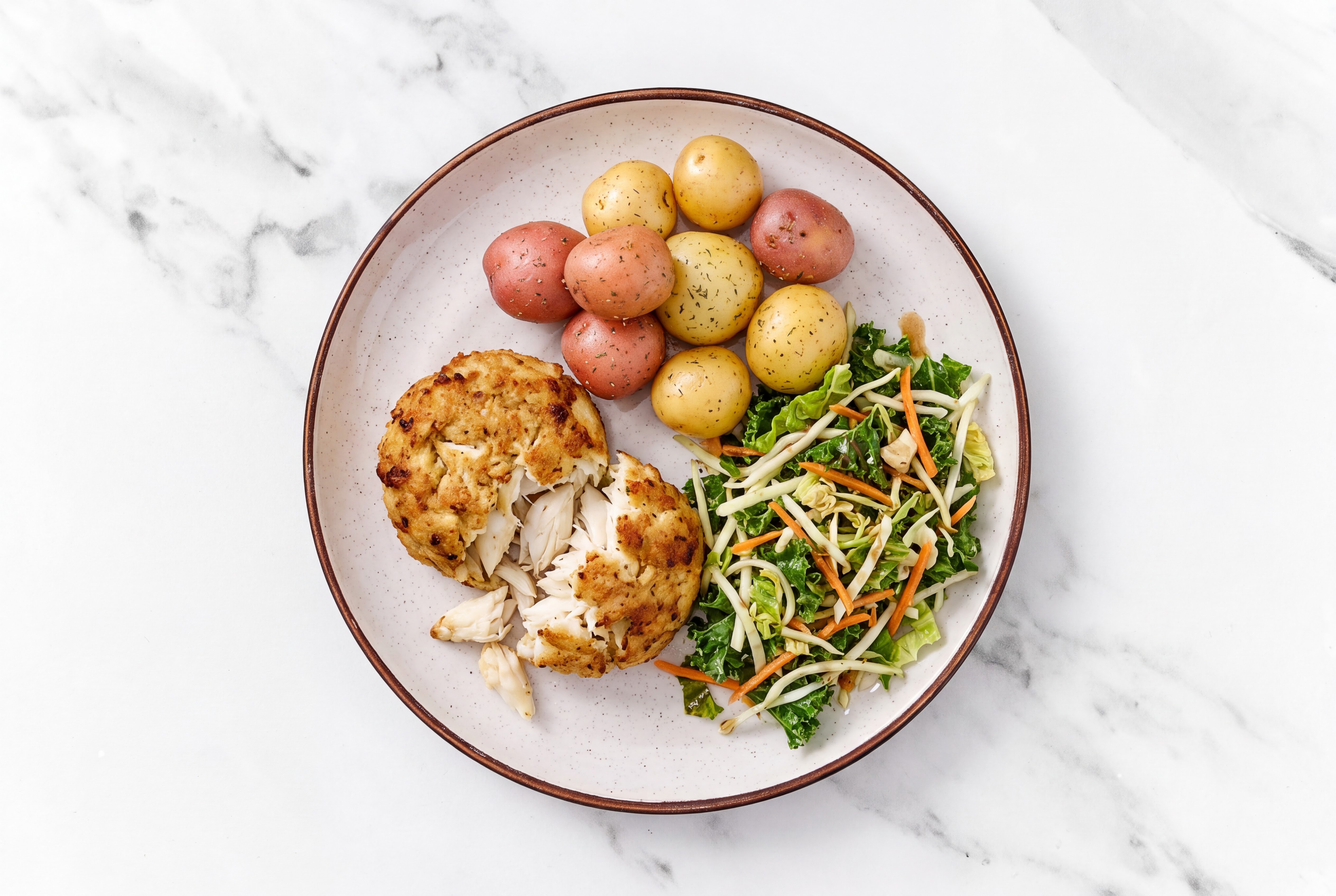Crispy Jumbo Lump Crab Cakes with Ranch Potatoes + Coleslaw
