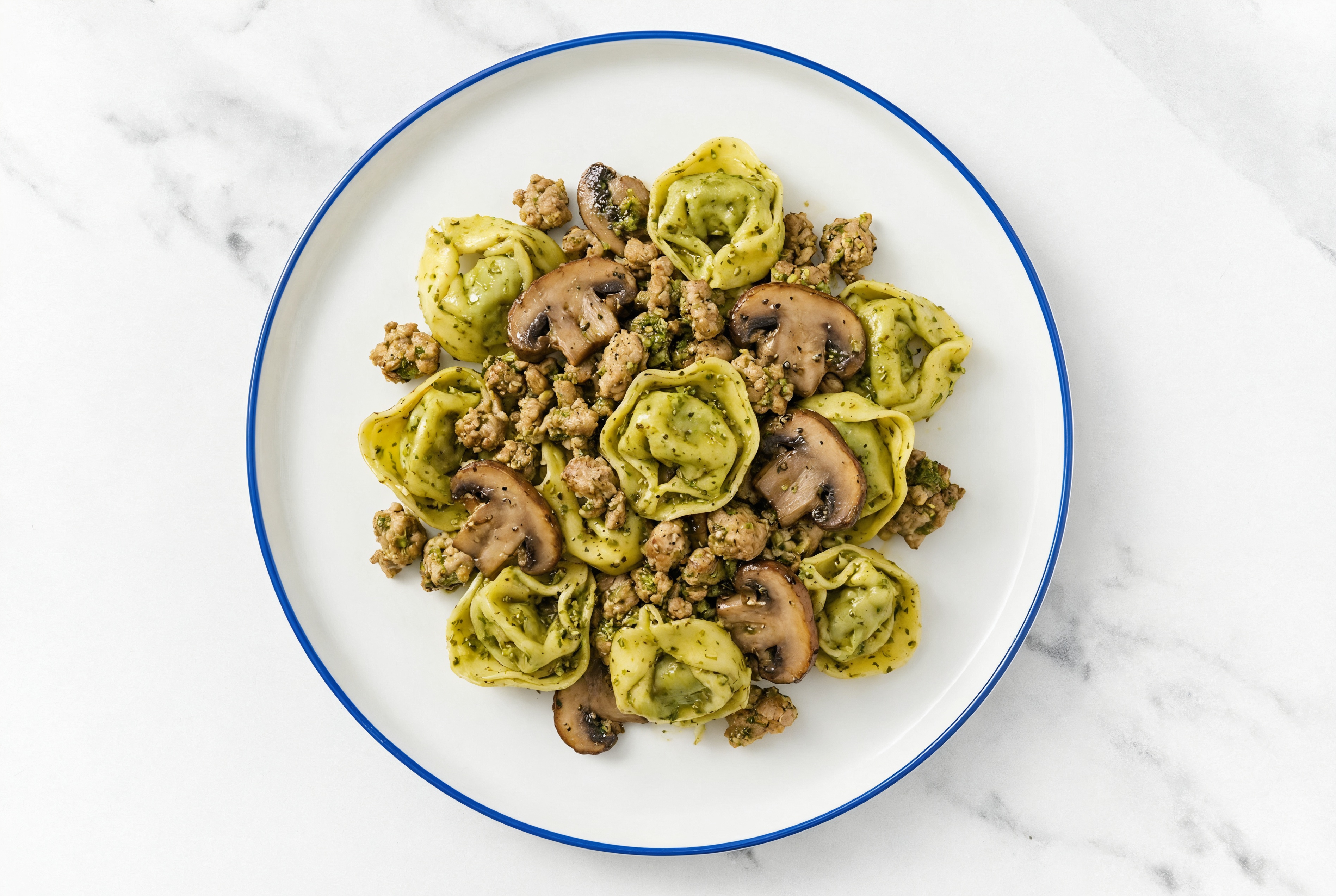 Tortelloni Pesto with Ground Turkey & Mushrooms with Spinach Tortellini with Almond Milk Ricotta Alternative