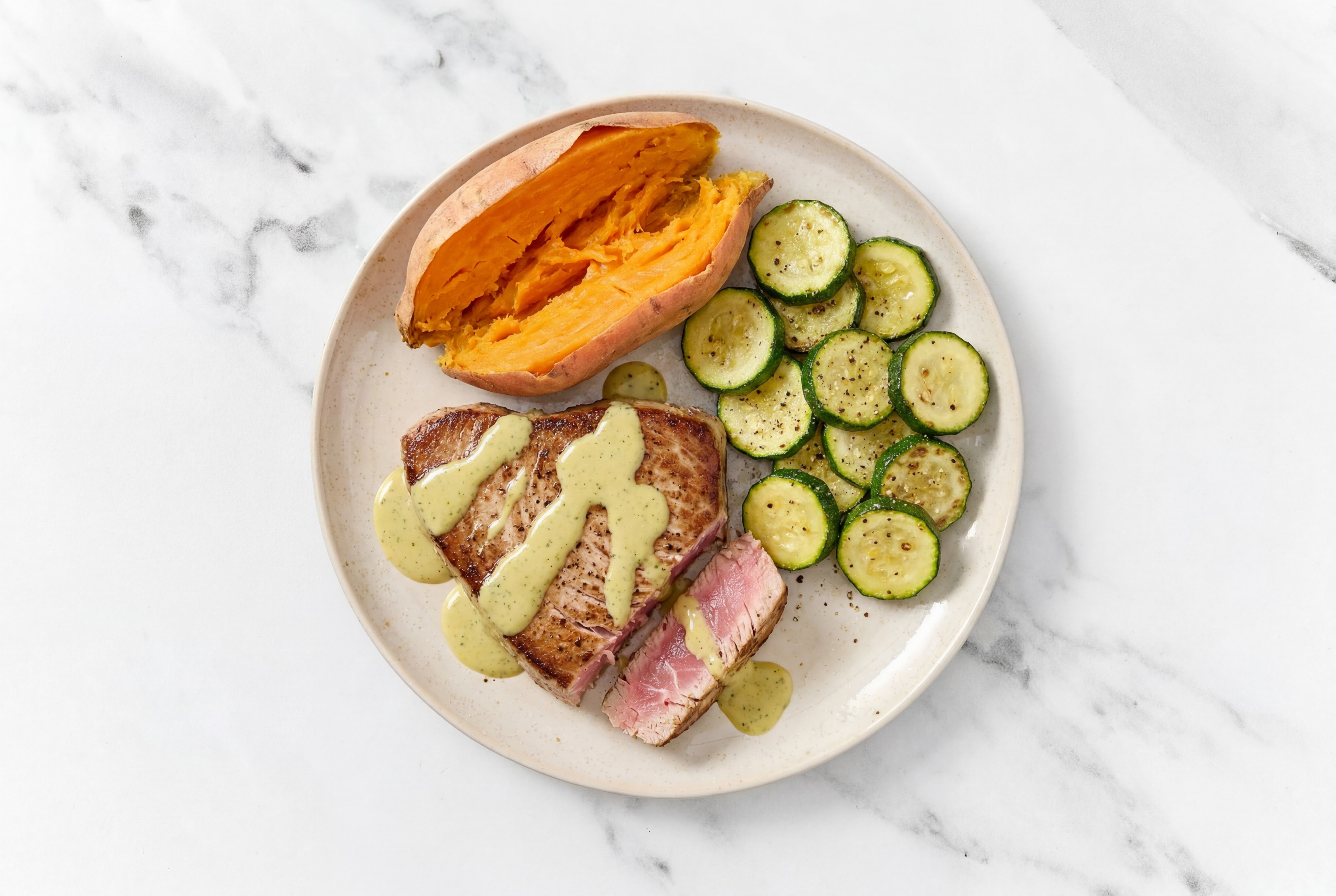 Tahini Marinated Tuna with Zucchini + Sweet Potato