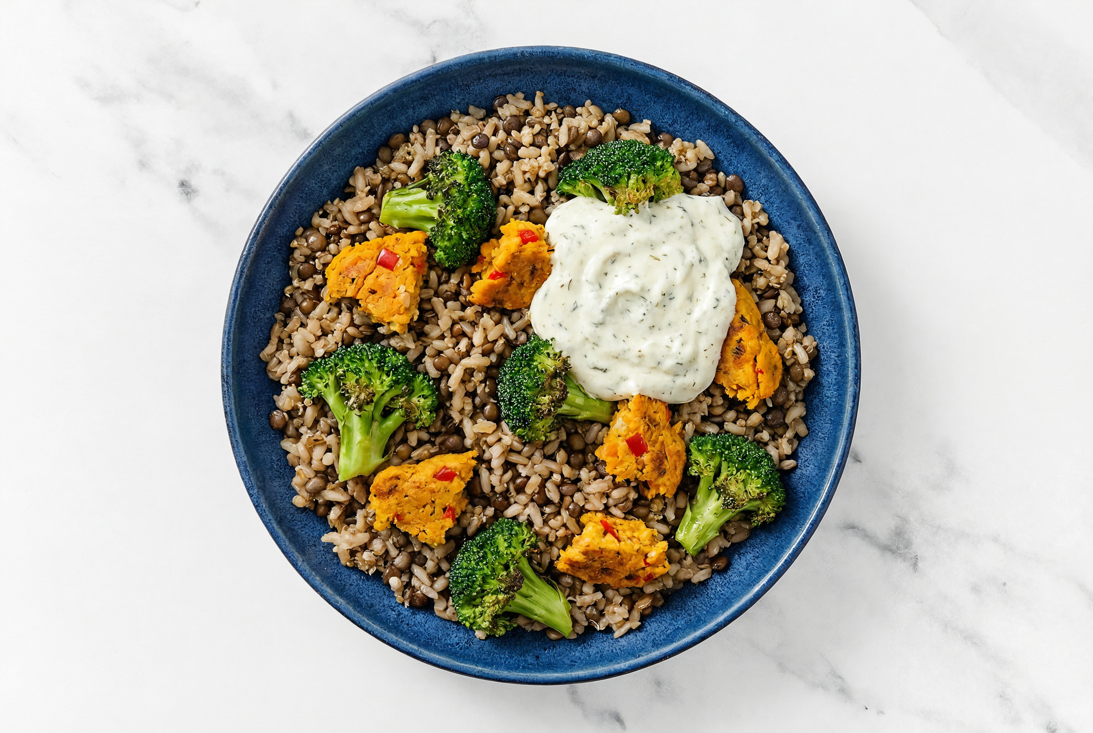 Tzatziki Sweet Potato Burger Bowl with Broccoli Bunches