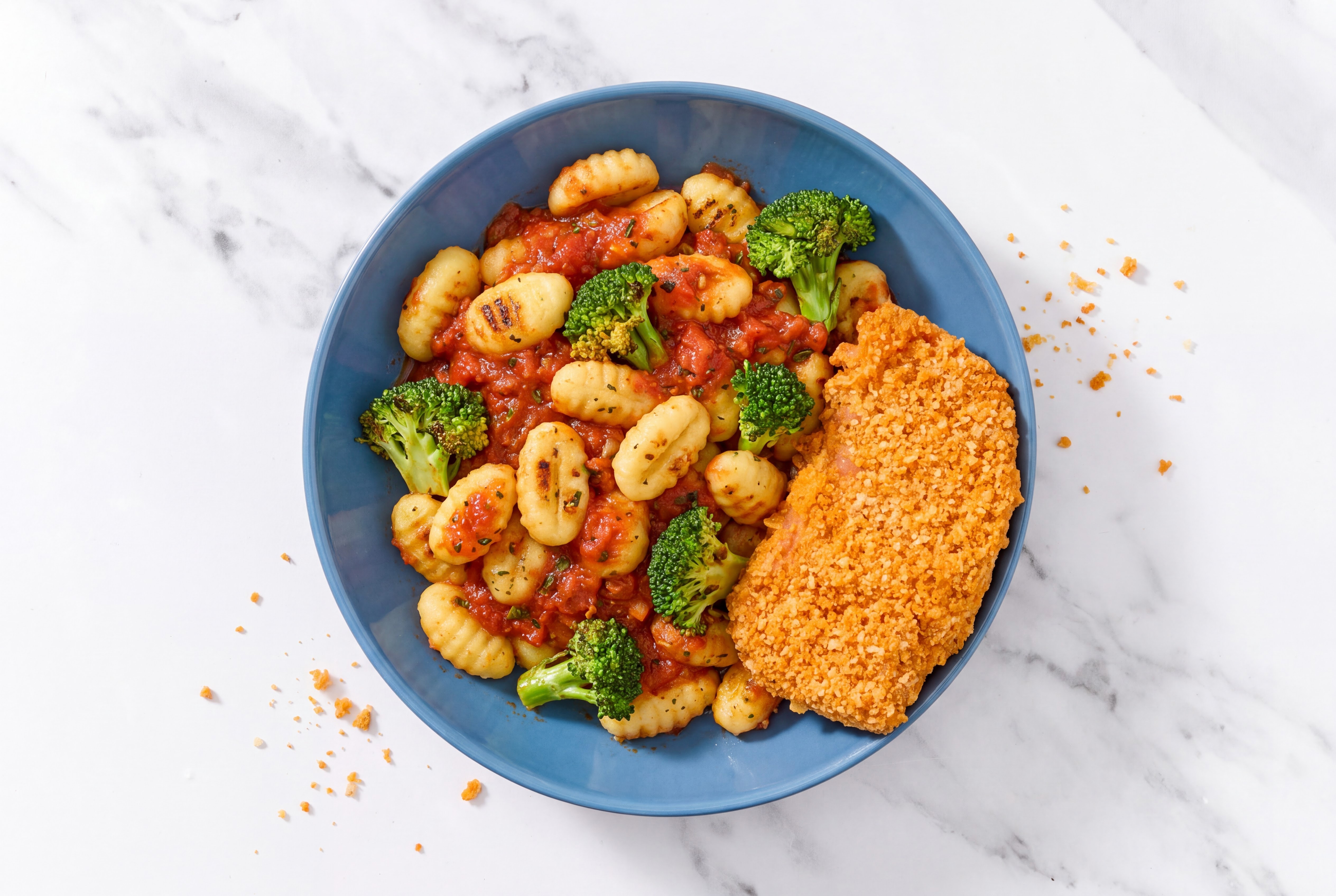 Crispy Hot Honey Chicken over Marinara Gnocchi with Broccoli