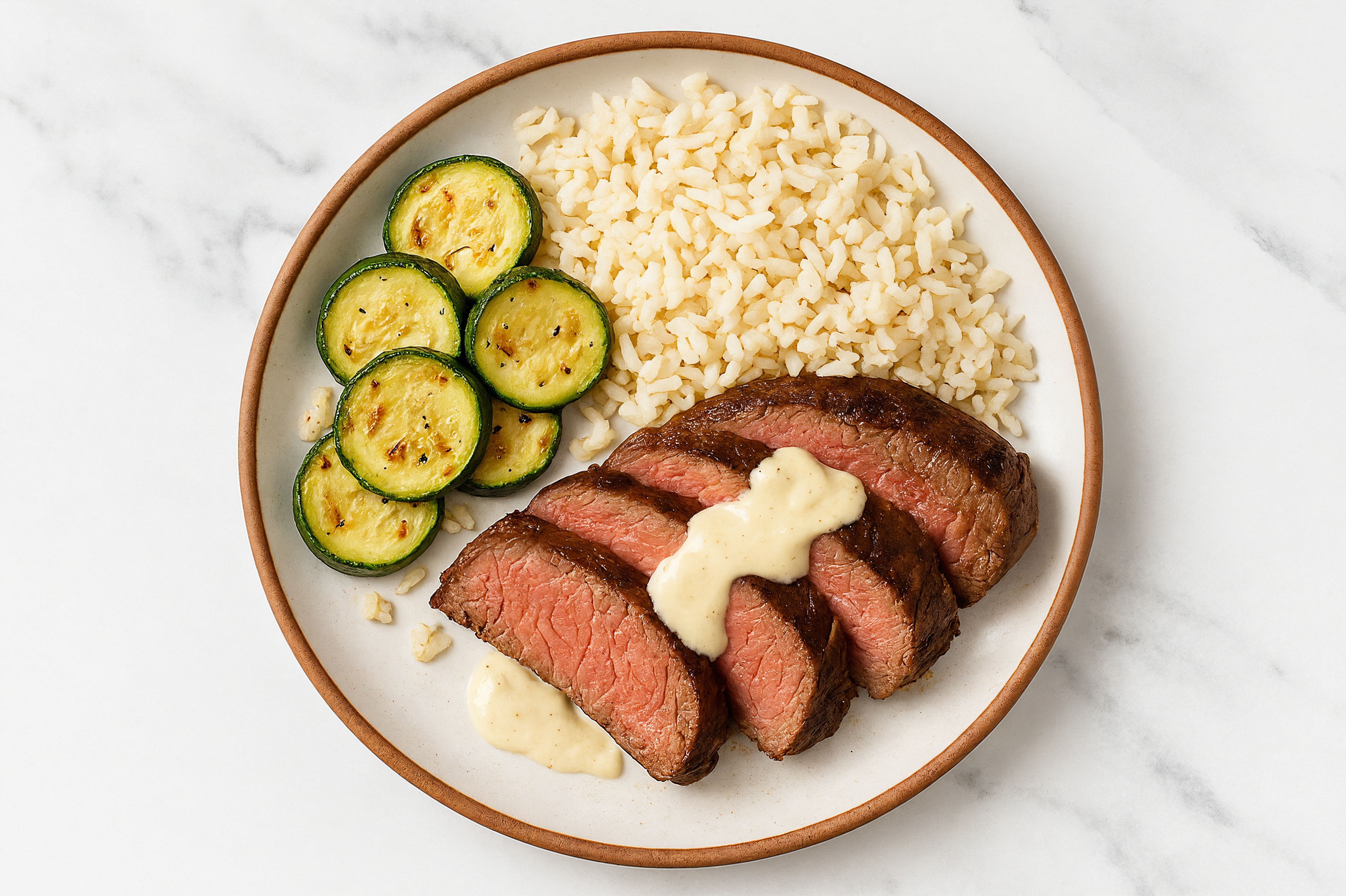 Beef Sirloin Steaks + Rice, Horseradish Cream, Zucchini