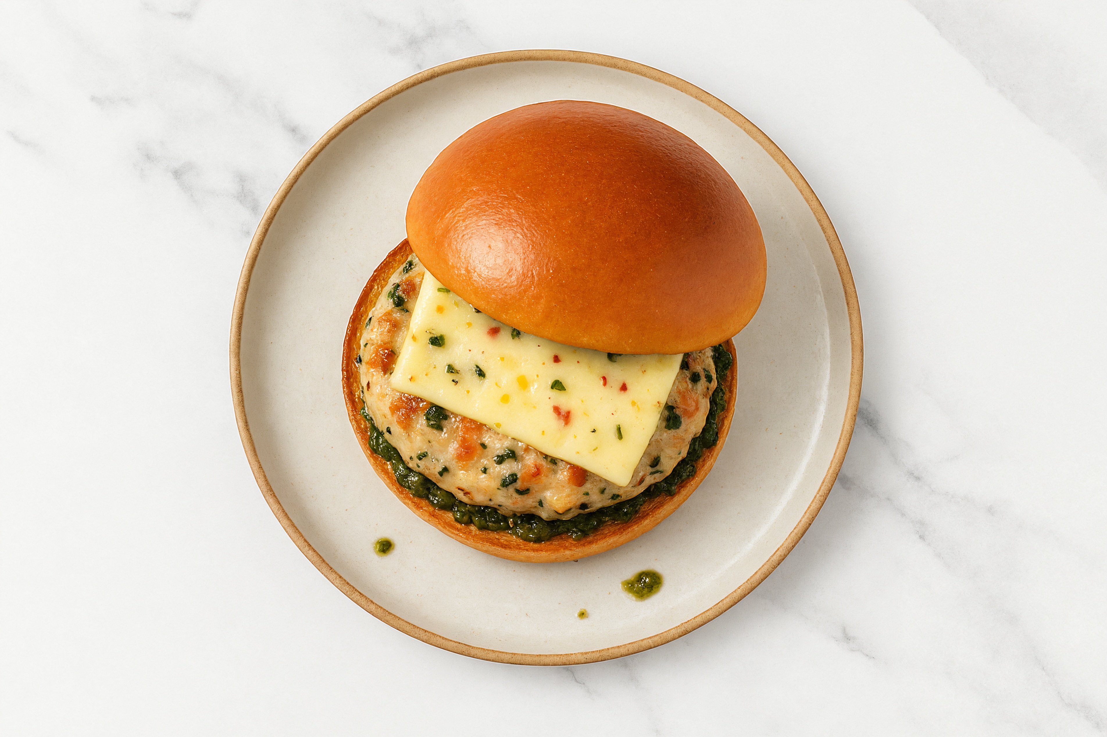 Garlic Chicken Burger Buns on Brioche with Spinach Pesto & Pepper Jack