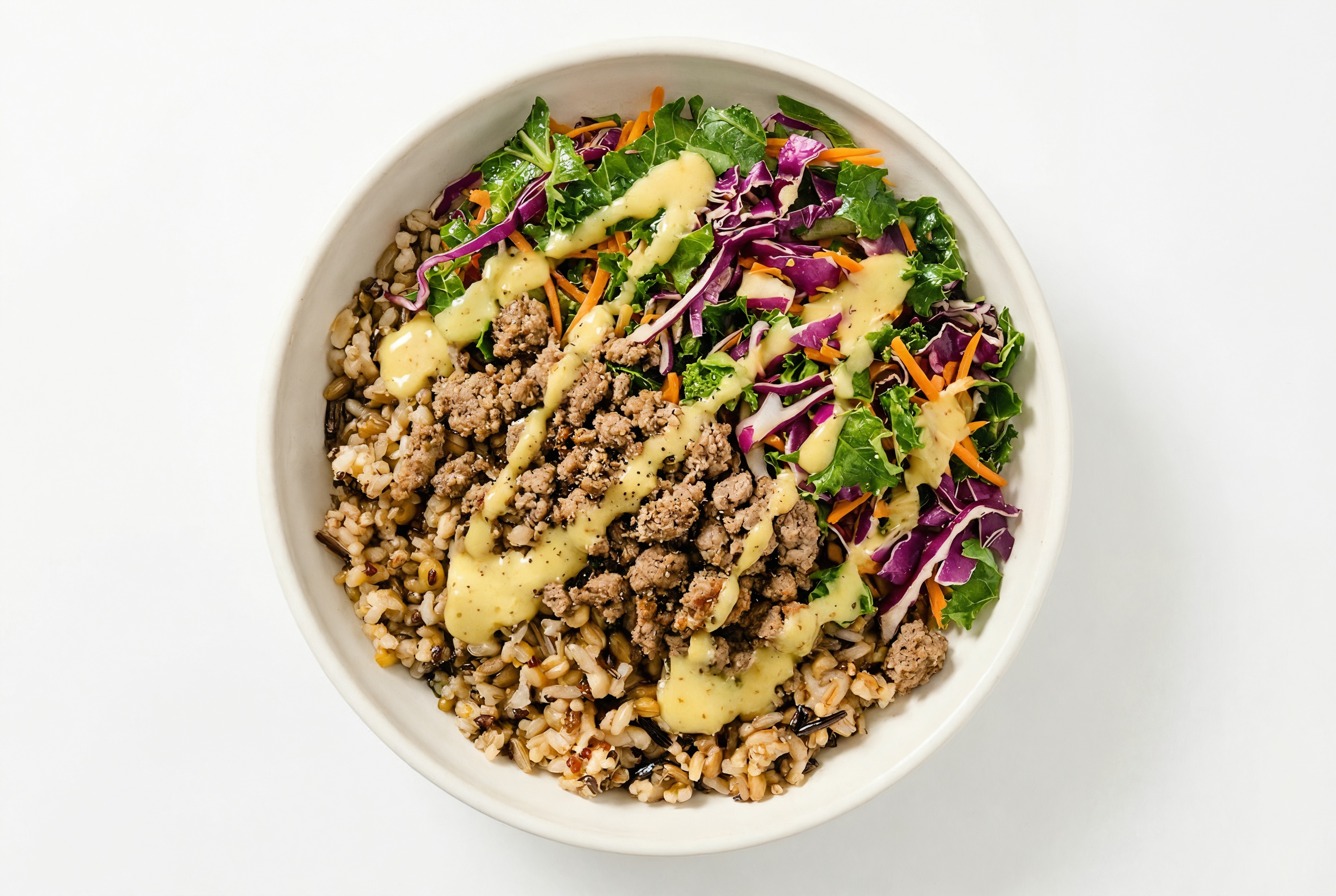 Ground Lamb & Rainbow Veggie Grain Bowl with Honey Mustard