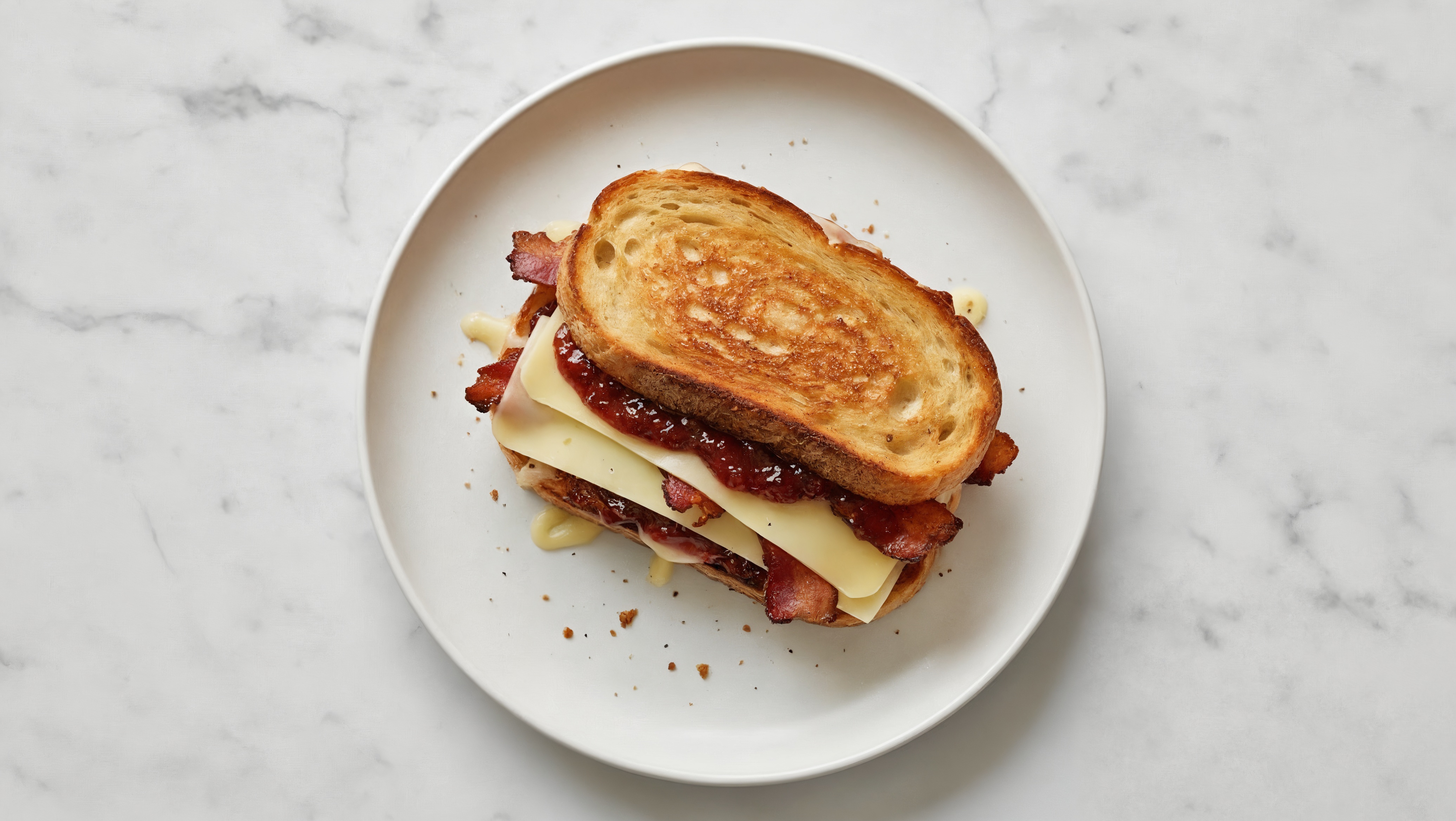 Applewood Smoked Pork Bacon, Gouda + Strawberry Jam Sourdough Grilled Cheese
