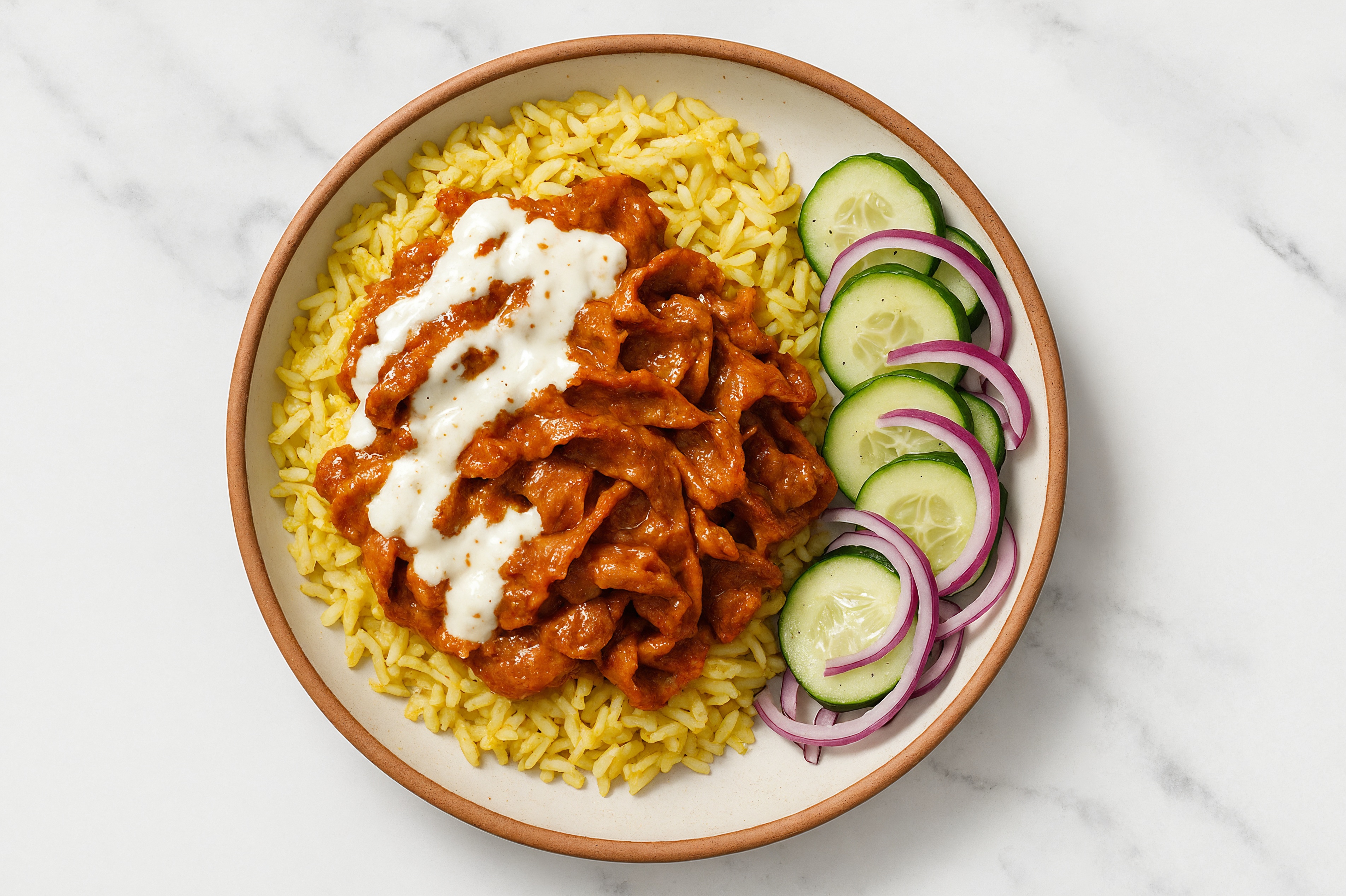 Shaved Beef Tikka Masala Raita Bowl with Seasoned Jasmine Rice