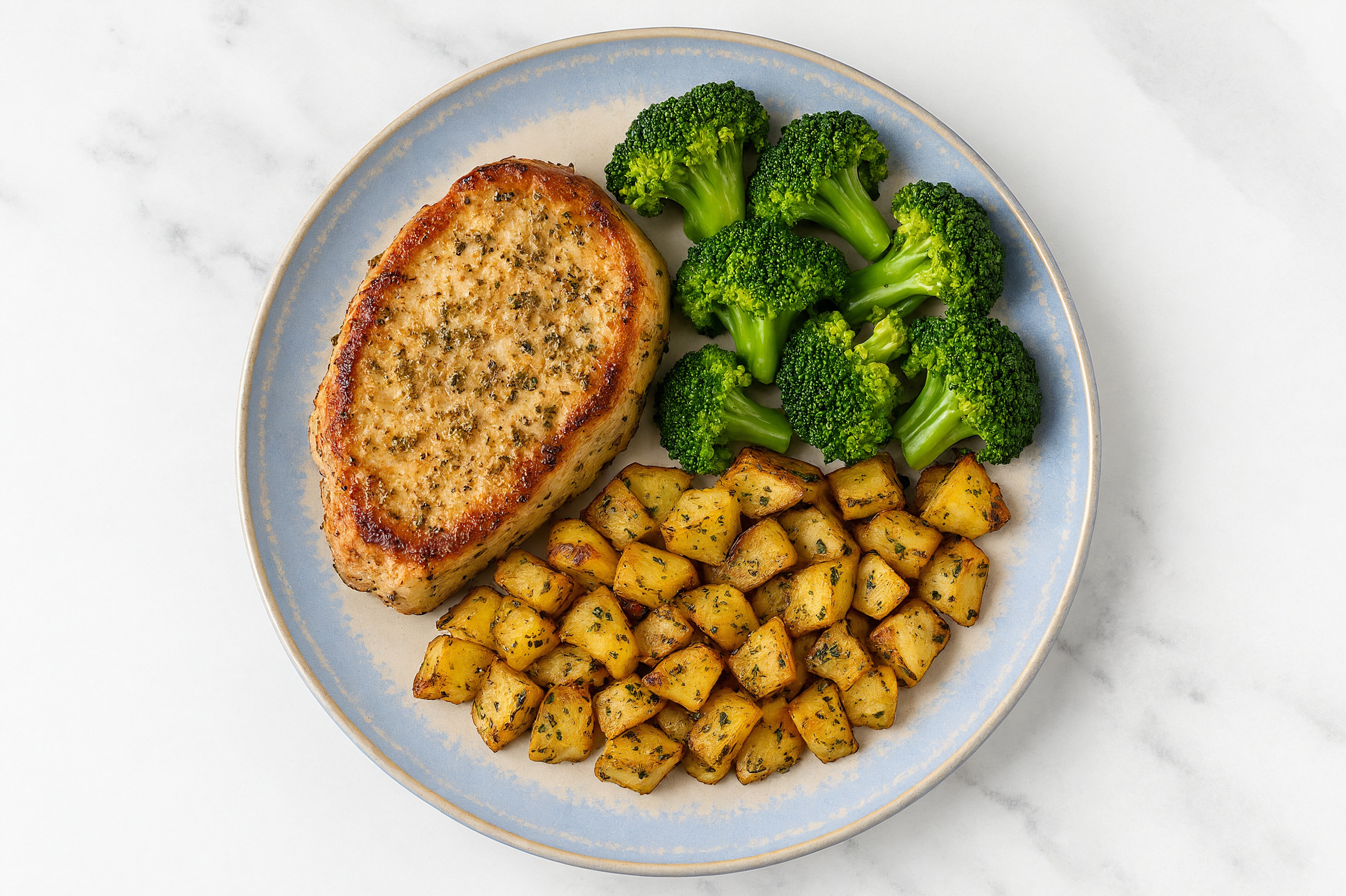 Savory Ranch Pork Chops + Herbed Potatoes with Broccoli Florets