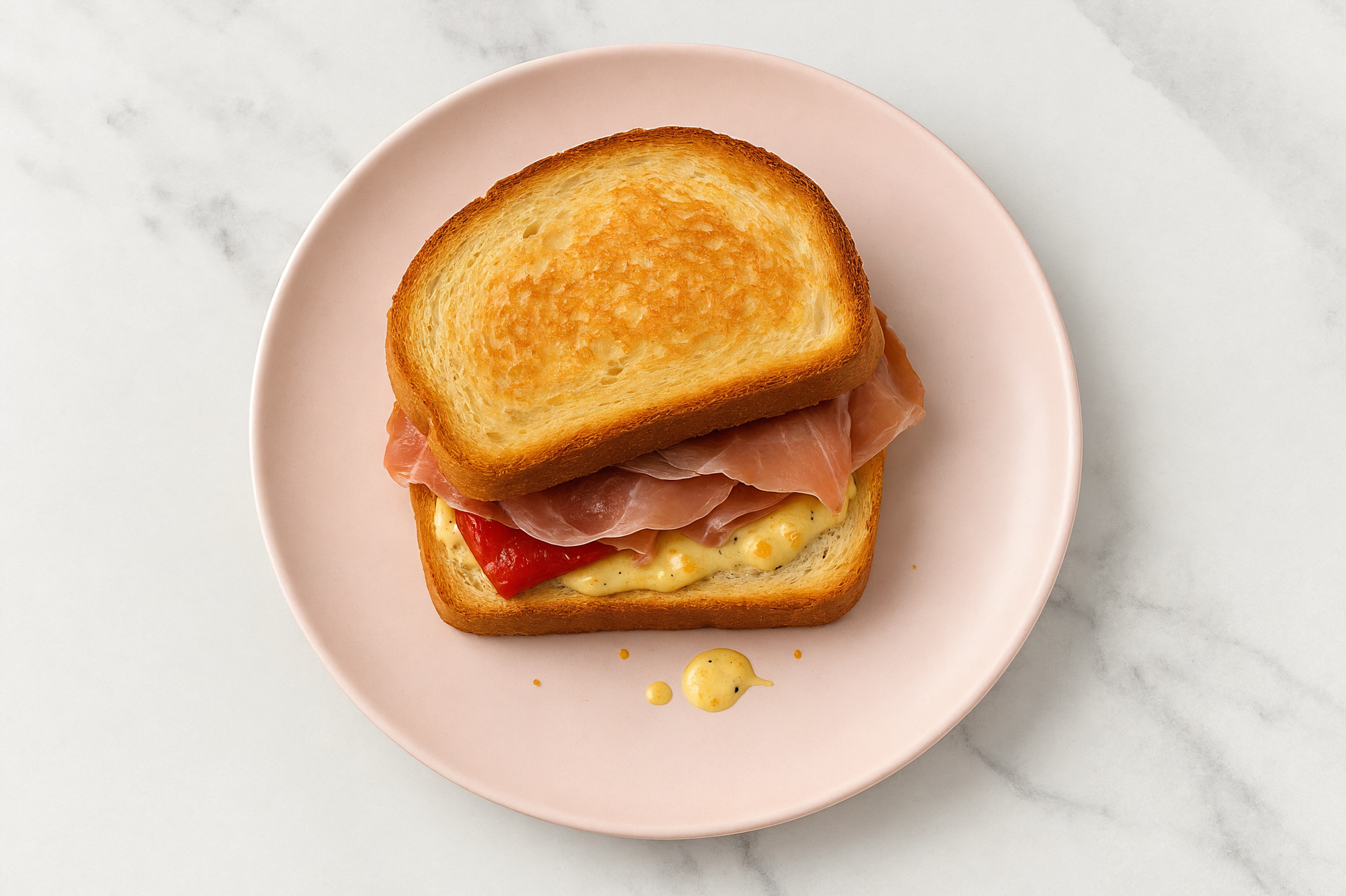 Street Corn Prosciutto Sandwich with Roasted Peppers on Honey White Bread