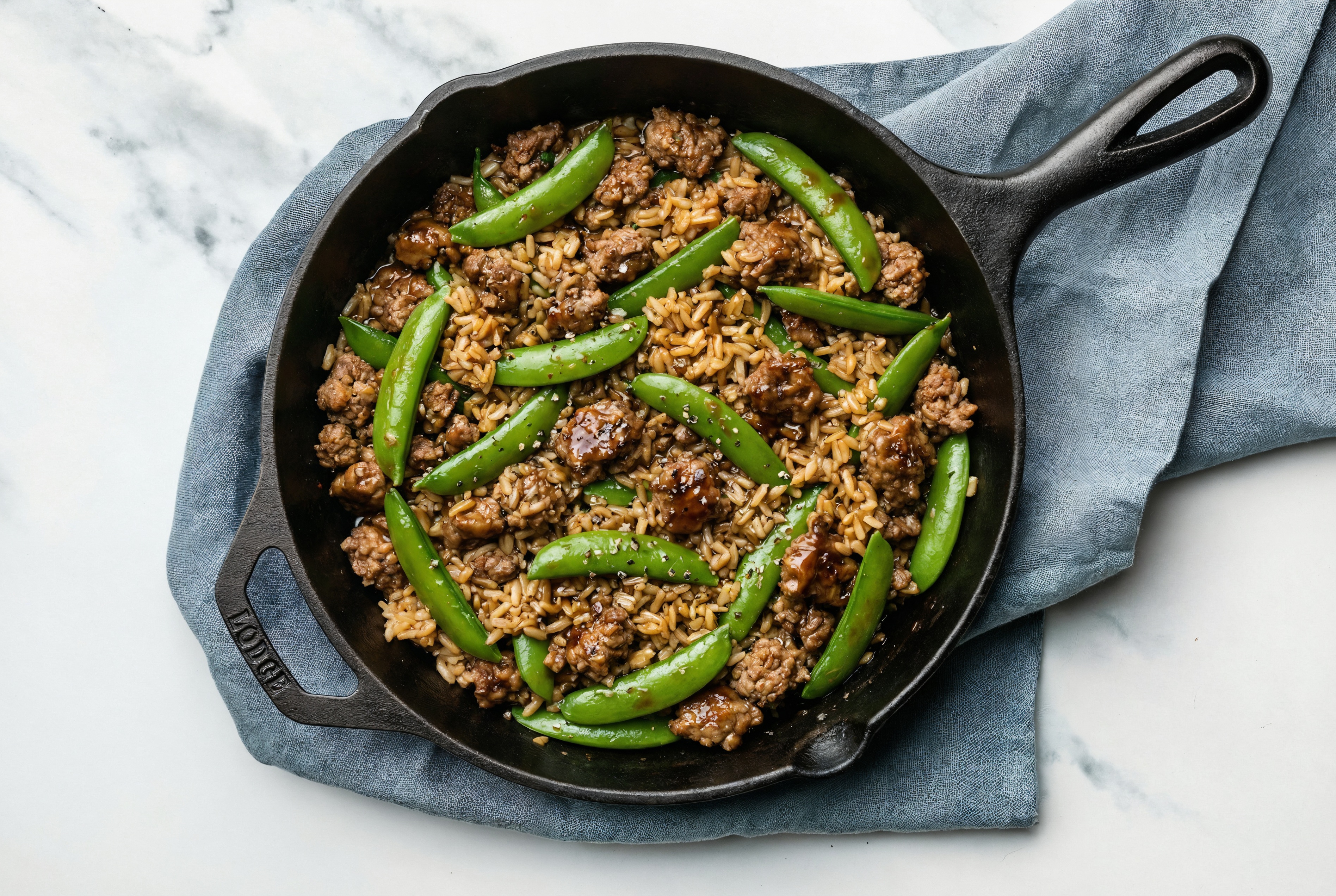Teriyaki Ground Beef Patties + Pea Snap Stir-Fry