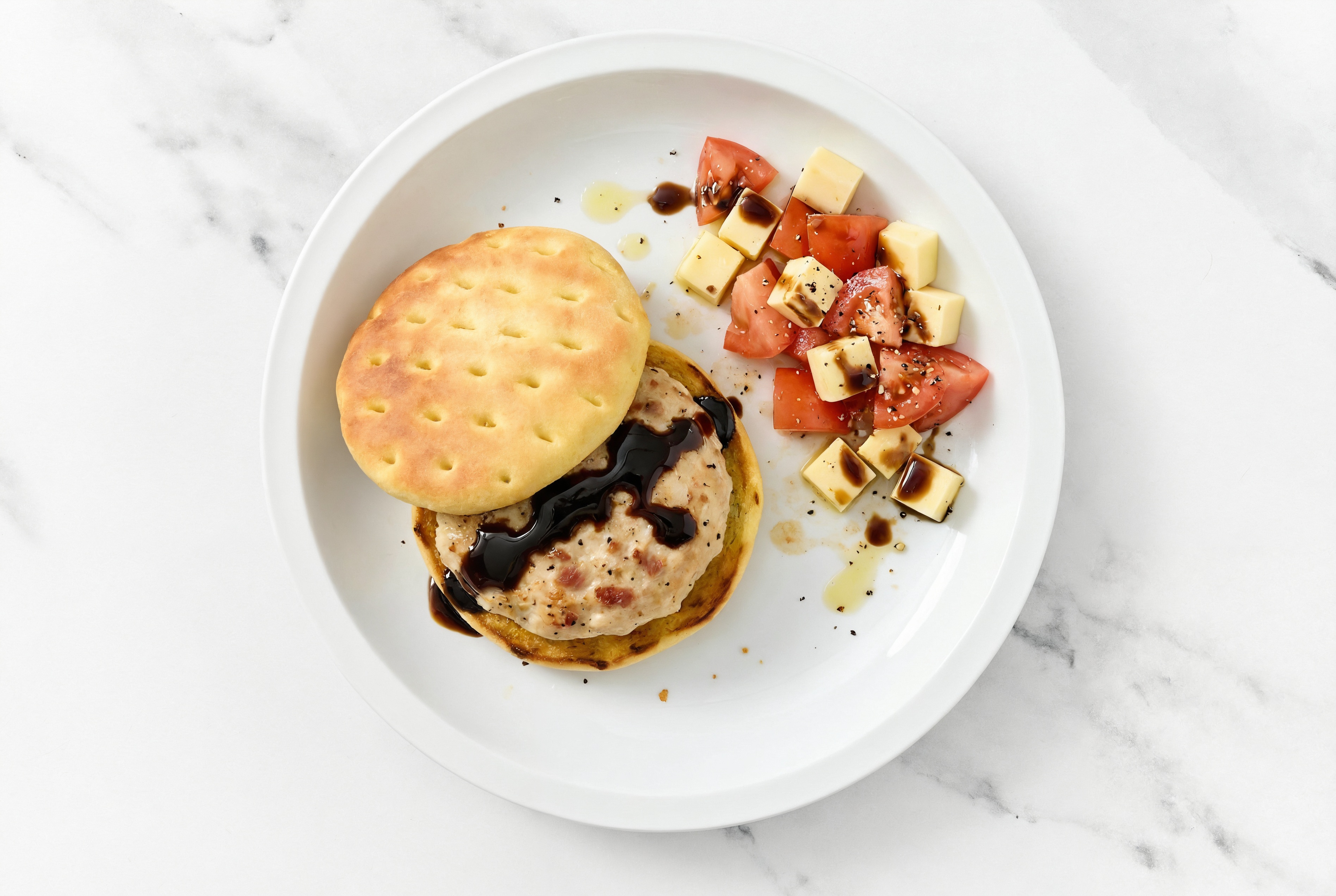 Balsamic Chicken Bacon Burger + Fresh Bruschetta with Mozzarella Bar